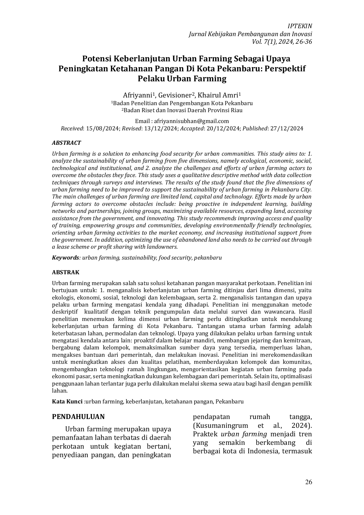JURIS Potensi Keberlanjutan Urban Farming sebagai Upaya Peningkatan Ketahanan Pangan di Kota Pekanbaru