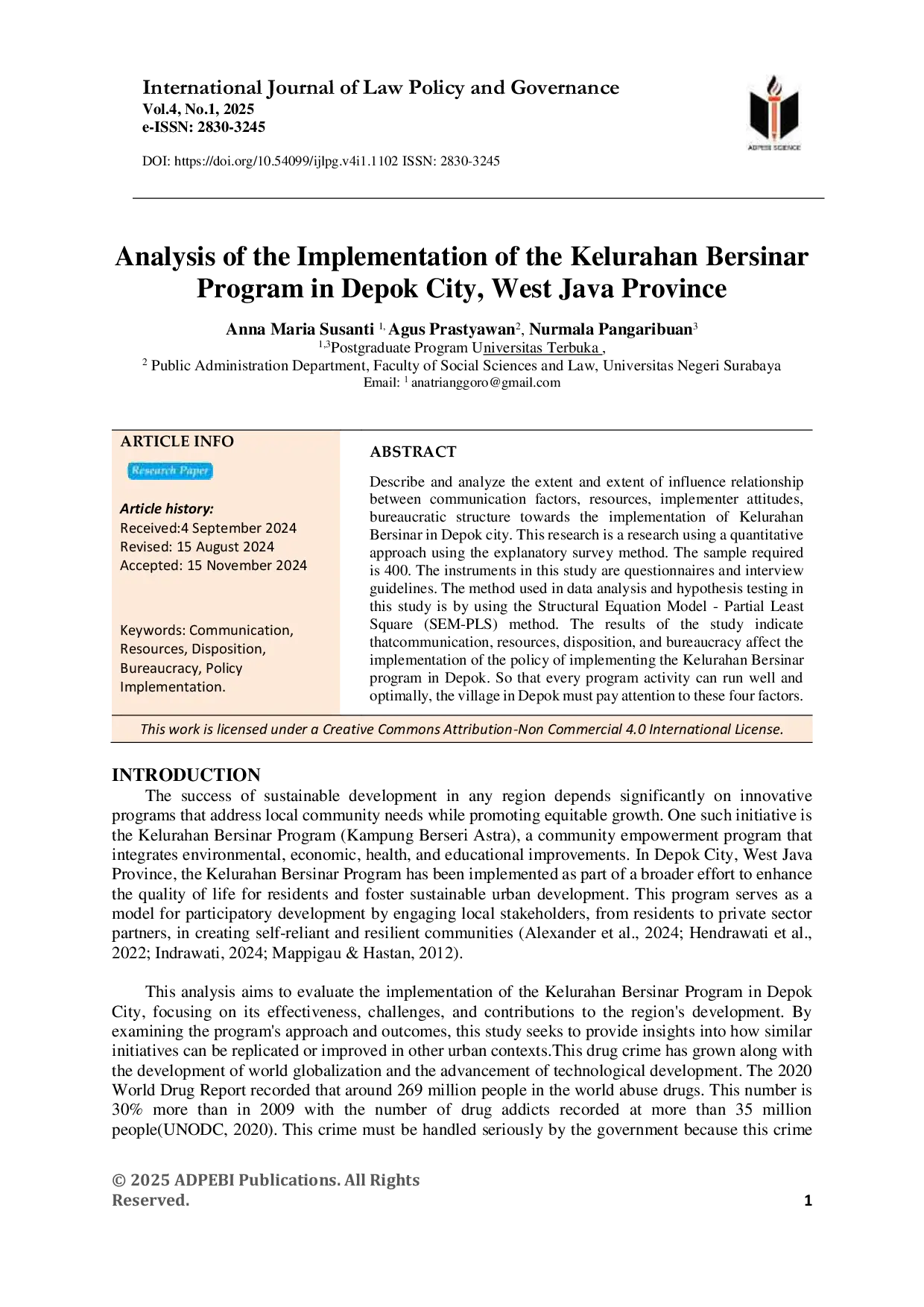 JURIS Analysis of the Implementation of the Kelurahan Bersinar Program in Depok City West Java Province