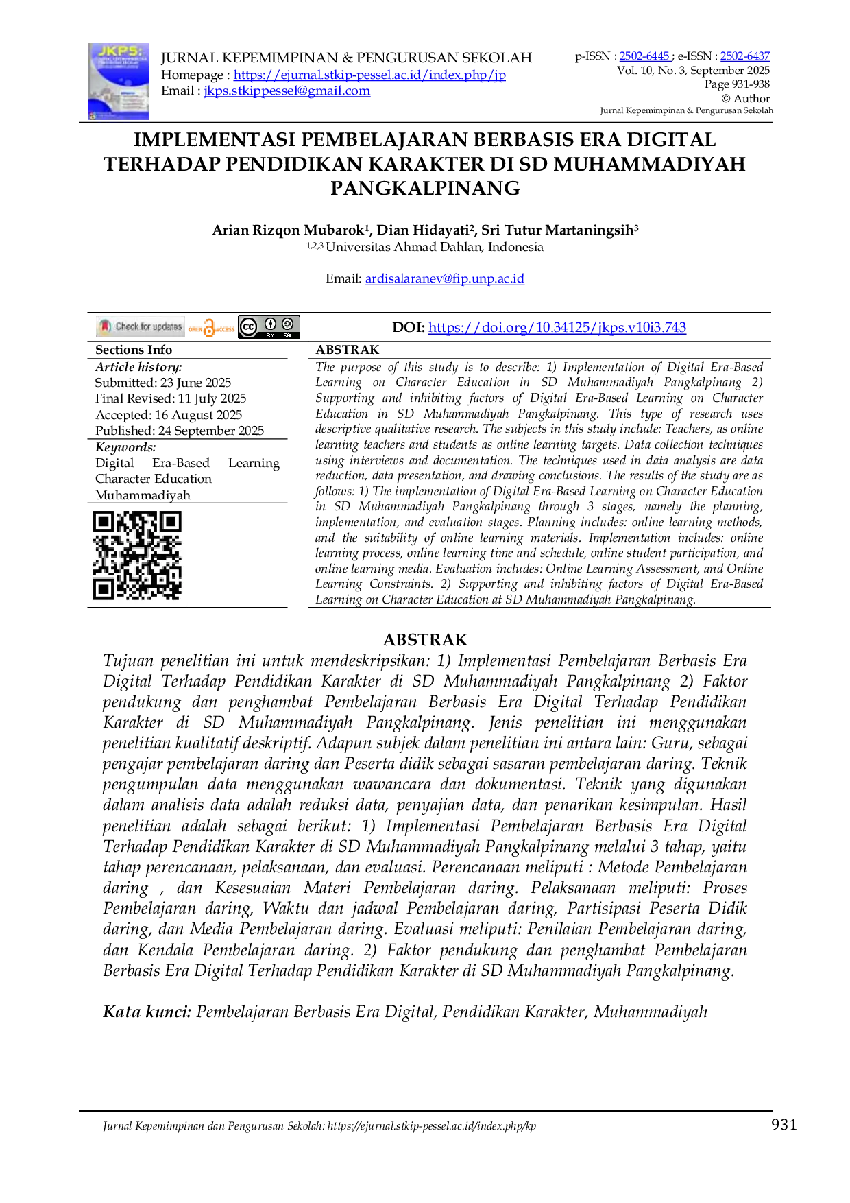 JURIS Implementasi Pembelajaran Berbasis Era Digital Terhadap Pendidikan Karakter Di SD Muhammadiyah Pangkalpinang