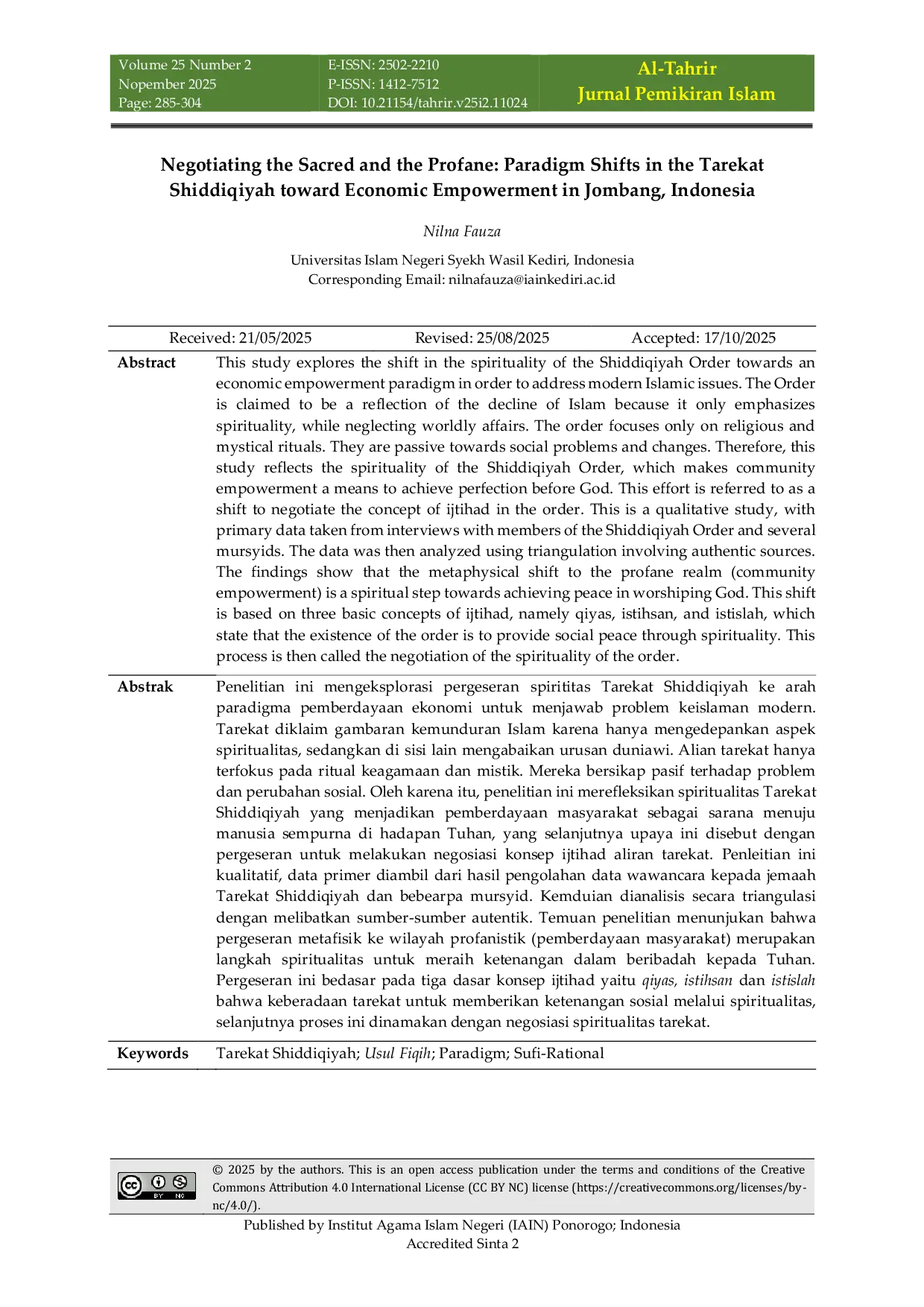 JURIS Negotiating the Sacred and the Profane Paradigm Shifts in the Tarekat Shiddiqiyah toward Economic Empowerment in Jombang Indonesia