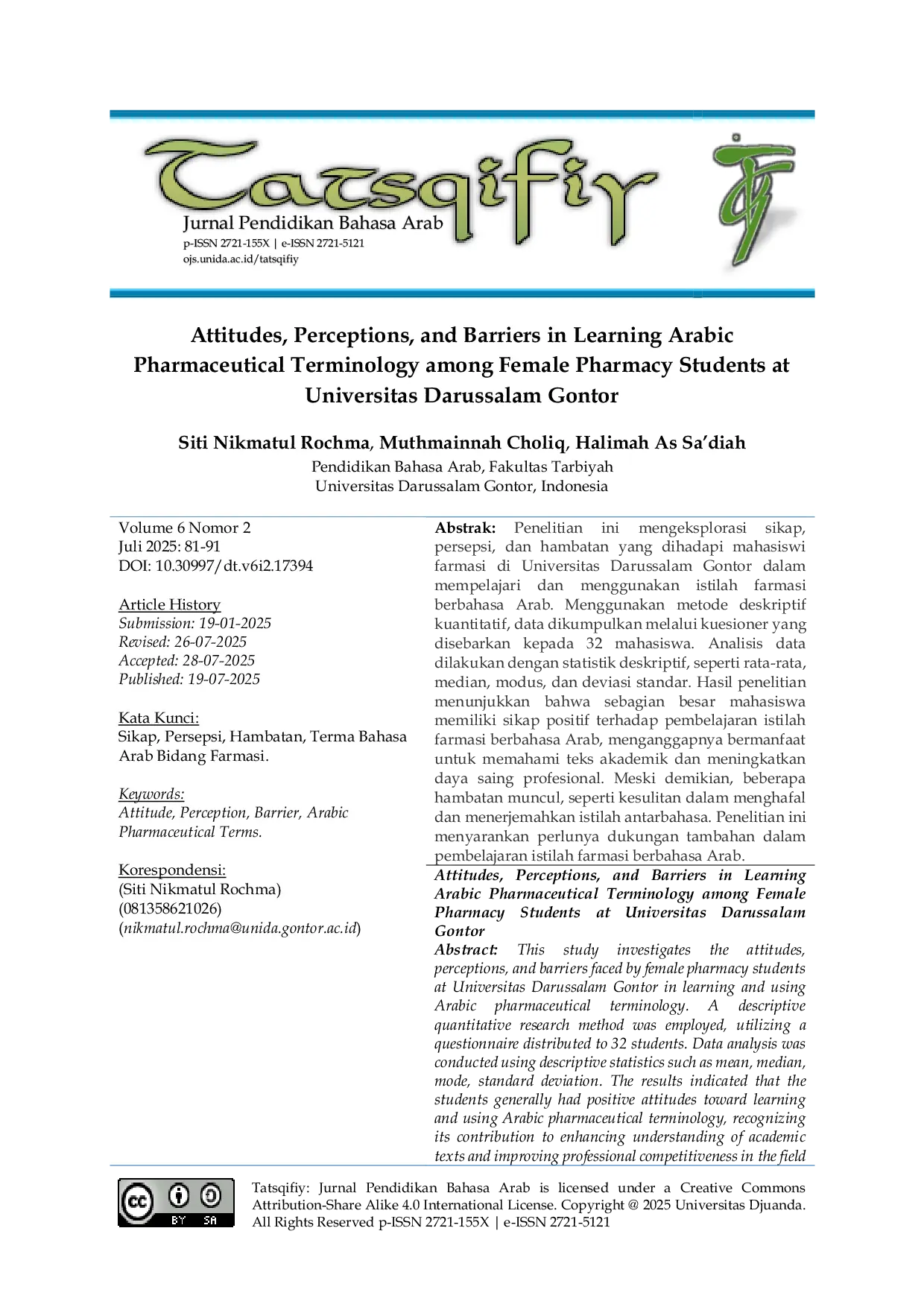JURIS Attitudes Perceptions and Barriers in Learning Arabic Pharmaceutical Terminology among Female Pharmacy Students at Universitas Darussalam Gontor English