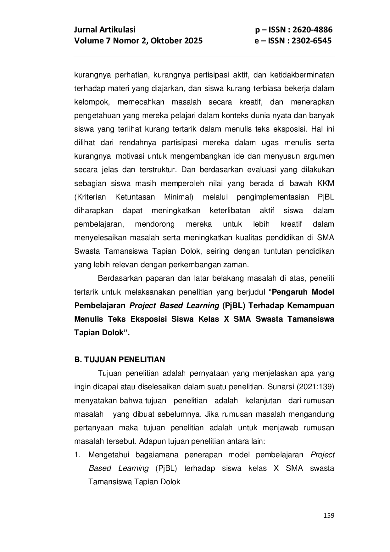 JURIS Pengaruh Model Pembelajaran Project Based Learning Terhadap Kemampuan Menulis Teks Eksposisi Siswa Kelas X SMA Swasta Tamansiswa Tapian Dolok