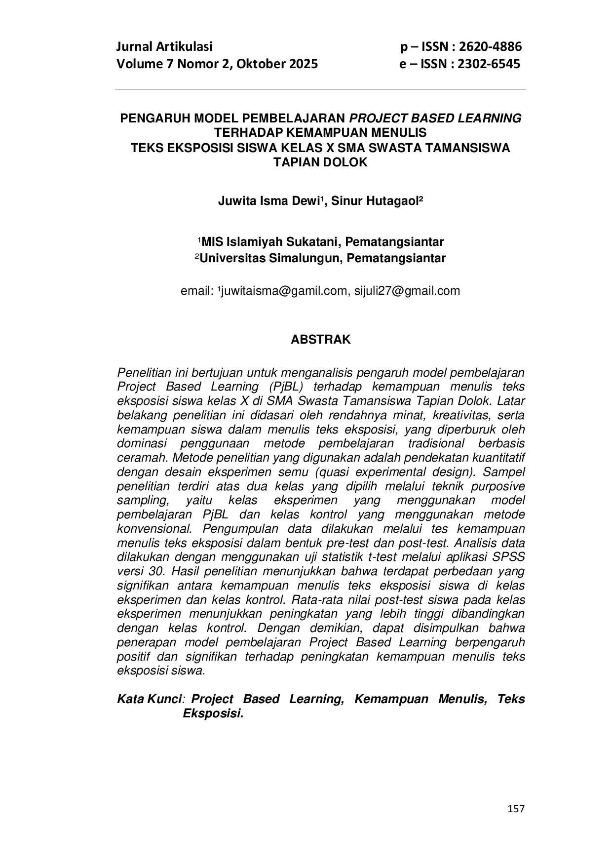 JURIS Pengaruh Model Pembelajaran Project Based Learning Terhadap Kemampuan Menulis Teks Eksposisi Siswa Kelas X SMA Swasta Tamansiswa Tapian Dolok