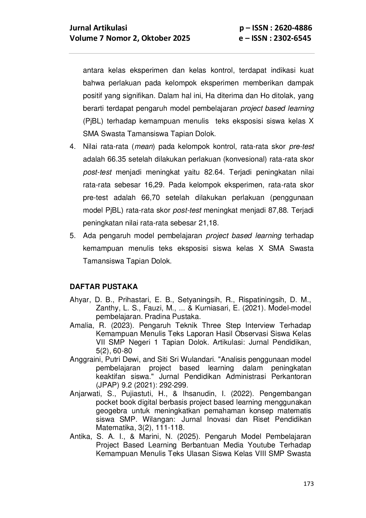 JURIS Pengaruh Model Pembelajaran Project Based Learning Terhadap Kemampuan Menulis Teks Eksposisi Siswa Kelas X SMA Swasta Tamansiswa Tapian Dolok