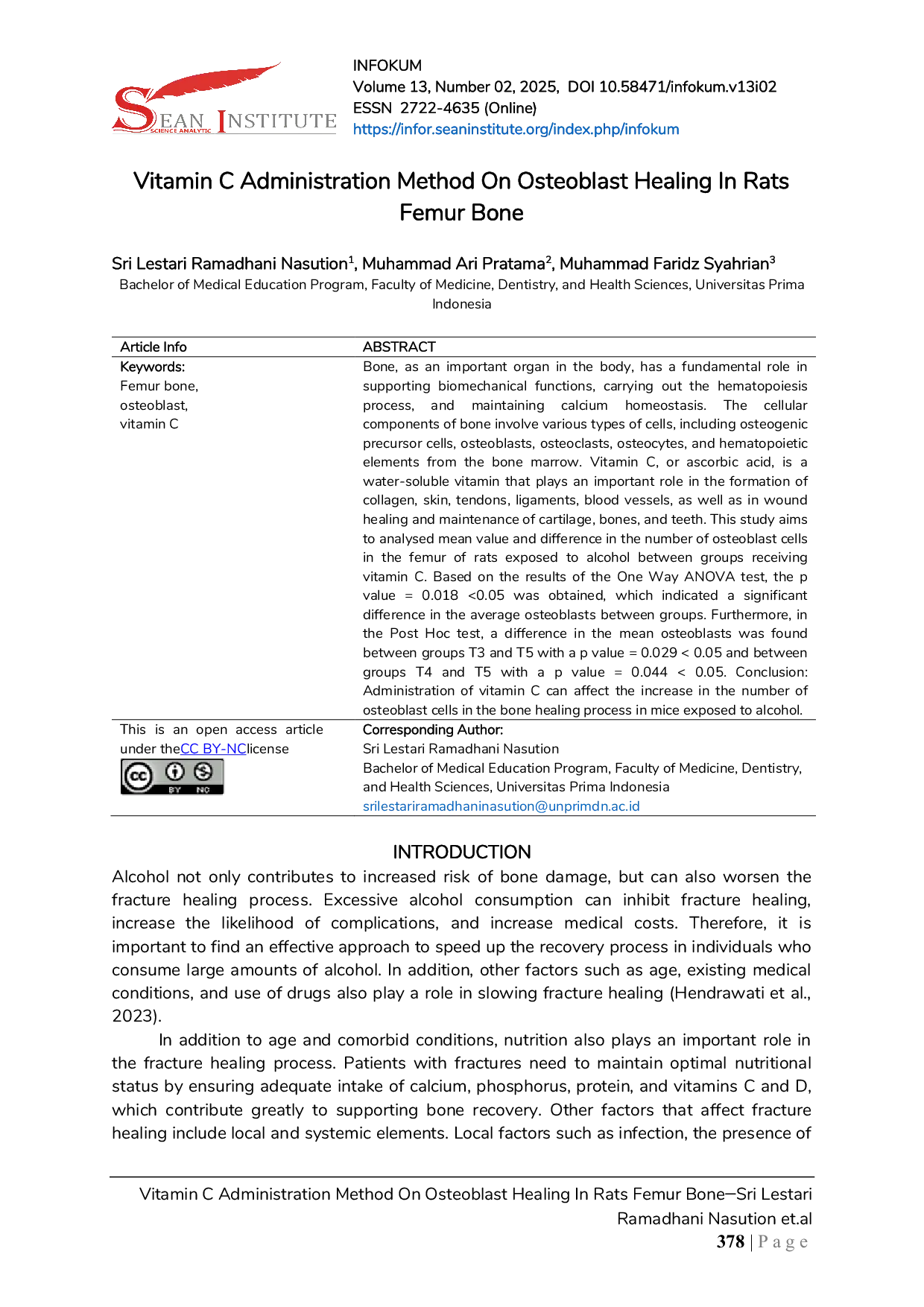 JURIS Vitamin C Administration Method On Osteoblast Healing In Rats Femur Bone