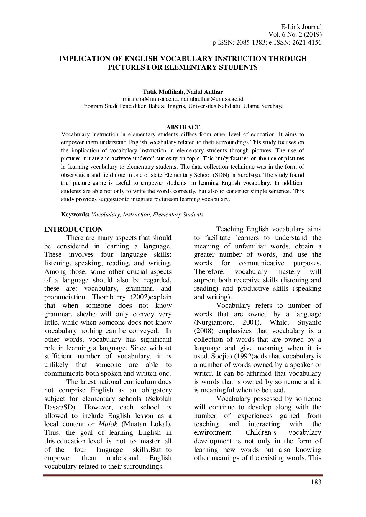 juris Implication of English Vocabulary Instruction Through Pictures for Elementary Students