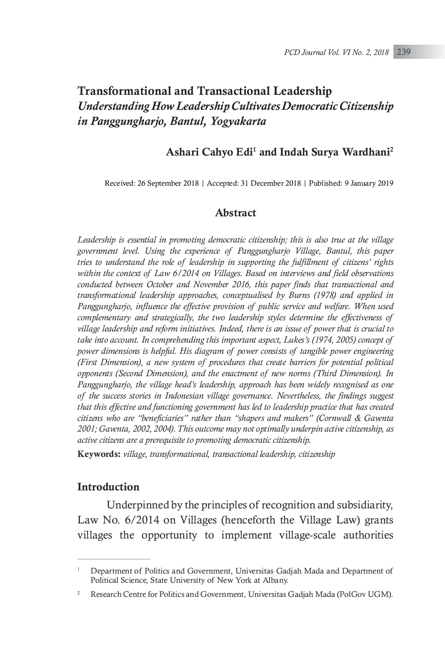 JURIS Transformational and Transactional Leadership Understanding How Leadership Cultivates Democratic Citizenship in Panggungharjo Bantul Yogyakarta