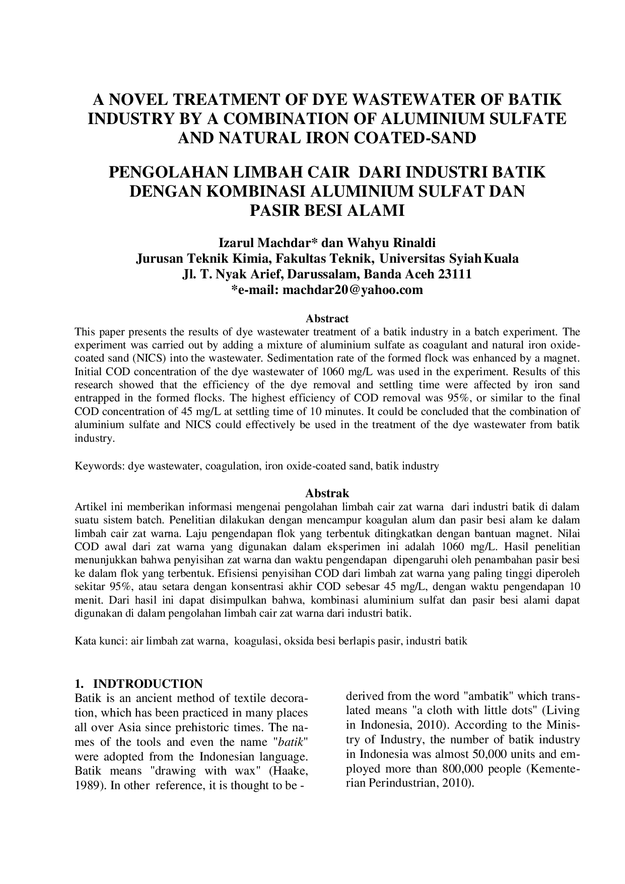 JURIS A Novel Treatment Of Dye Wastewater Of Batik Industry By A Combination Of Aluminium Sulfate And Natural Iron Coated Sand