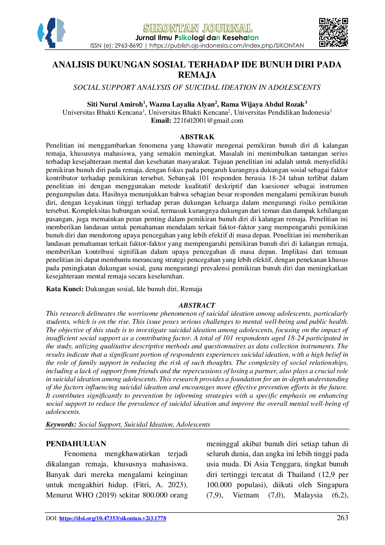JURIS Analisis Dukungan Sosial Terhadap Ide Bunuh Diri Pada Remaja