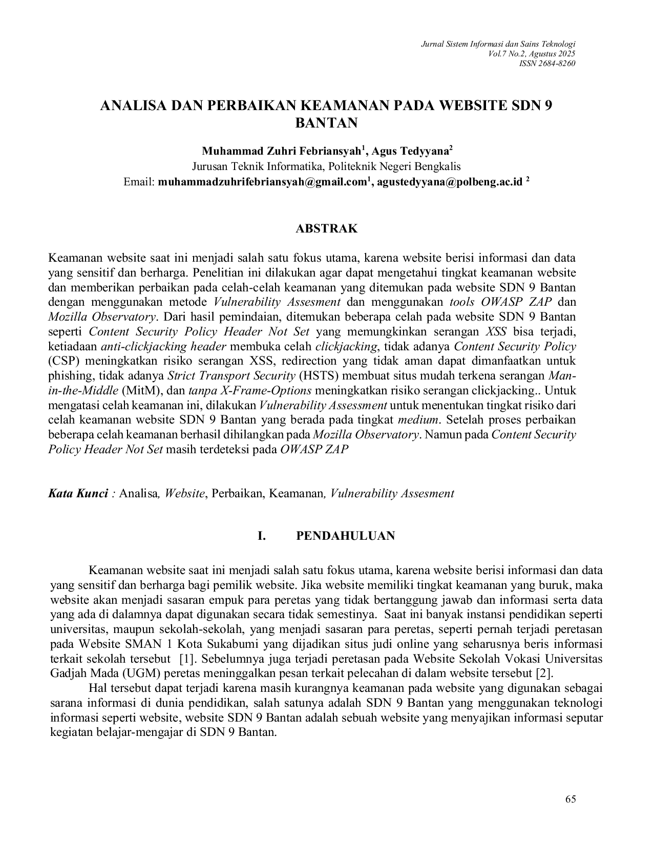 JURIS Analisa Dan Perbaikan Keamanan Pada Website Sdn 9 Bantan