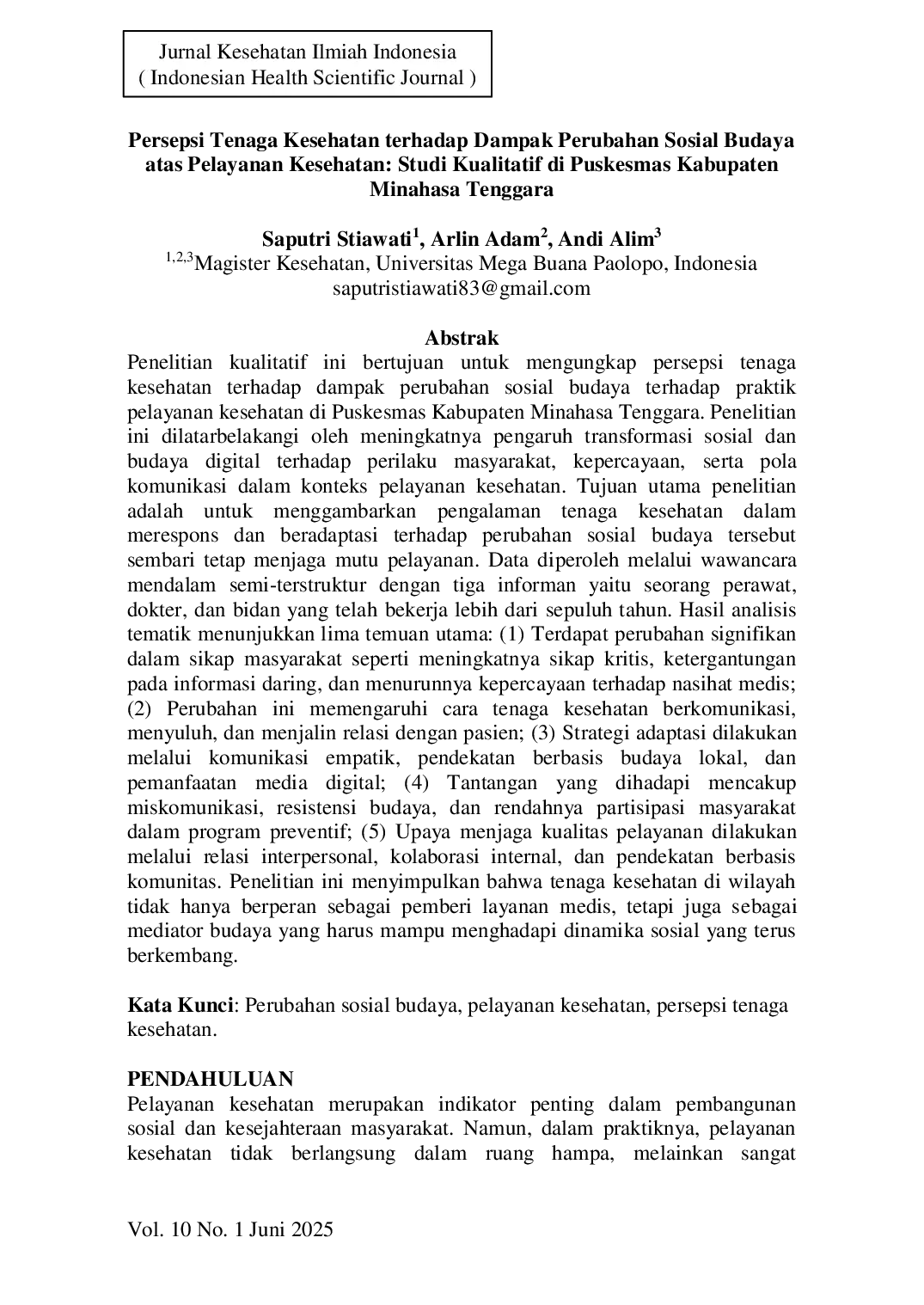 JURIS Persepsi Tenaga Kesehatan terhadap Dampak Perubahan Sosial Budaya atas Pelayanan Kesehatan Studi Kualitatif di Puskesmas Kabupaten Minahasa Tenggara