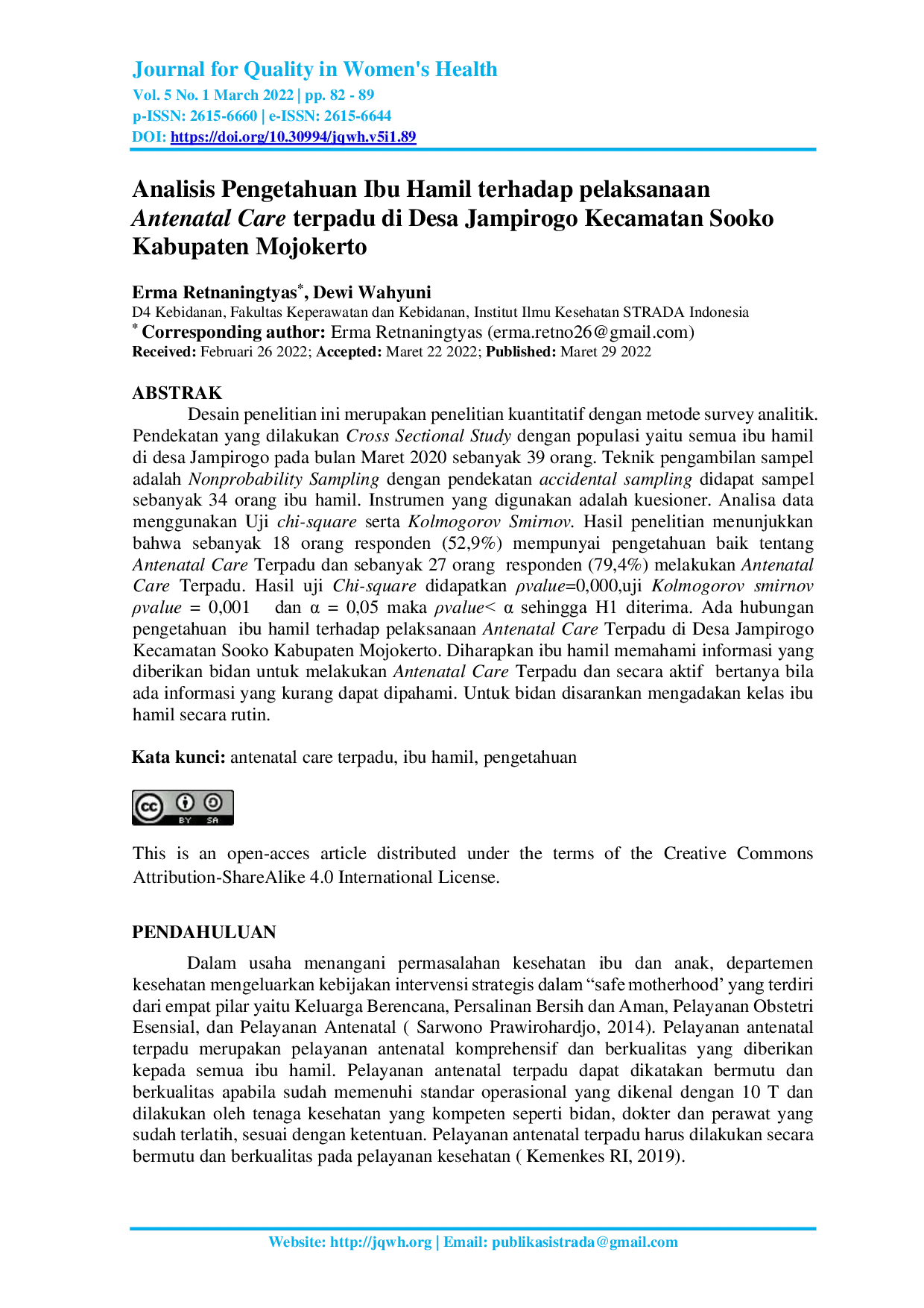 JURIS Analisis Pengetahuan Ibu Hamil terhadap pelaksanaan Antenatal Care terpadu di Desa Jampirogo Kecamatan Sooko Kabupaten Mojokerto