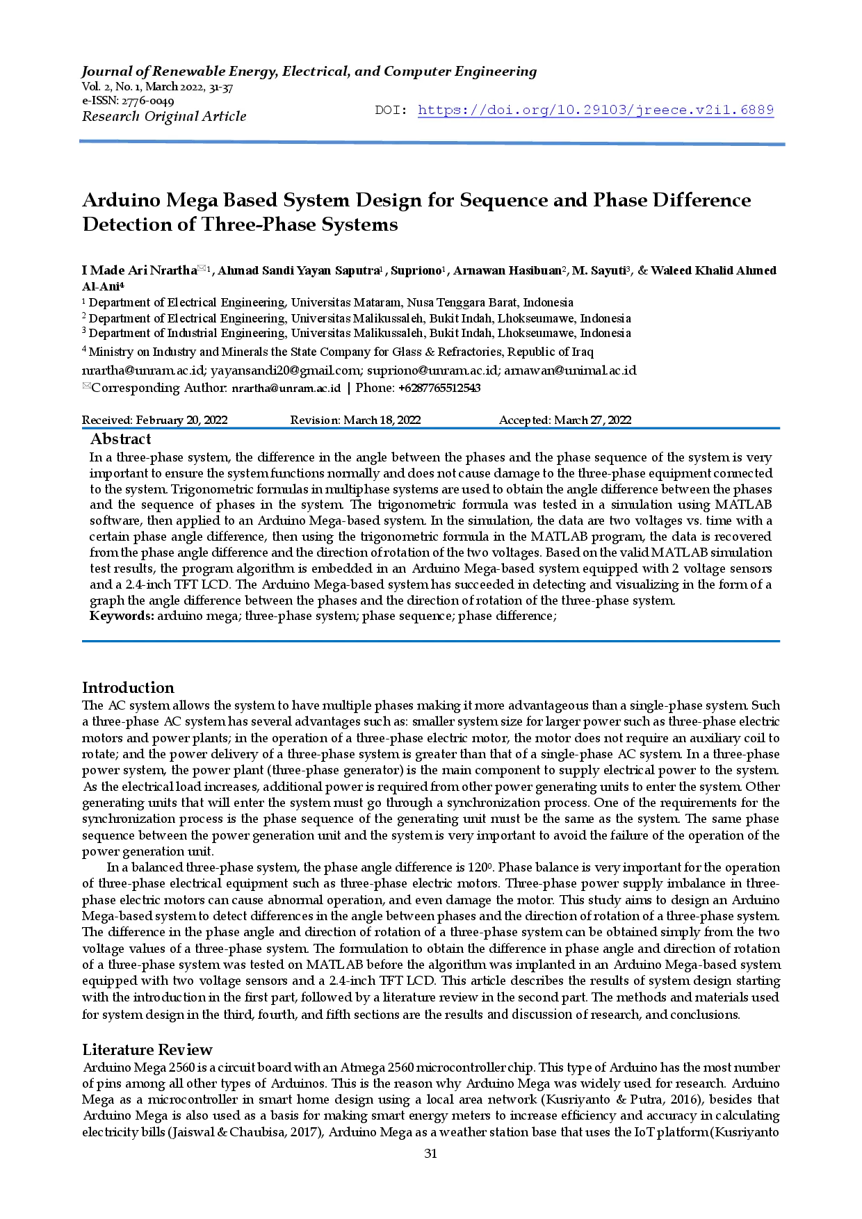 juris Arduino Mega Based System Design for Sequence and Phase Difference Detection of Three Phase Systems