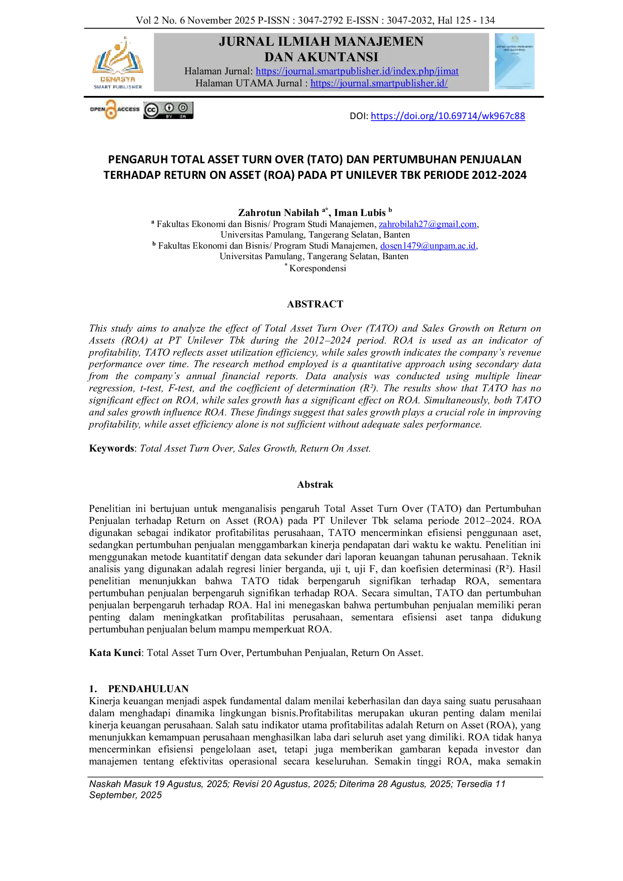 JURIS Pengaruh Total Asset Turn Over Tato Dan Pertumbuhan Penjualan Terhadap Return On Asset Roa Pada Pt Unilever Tbk Periode 2012 2024