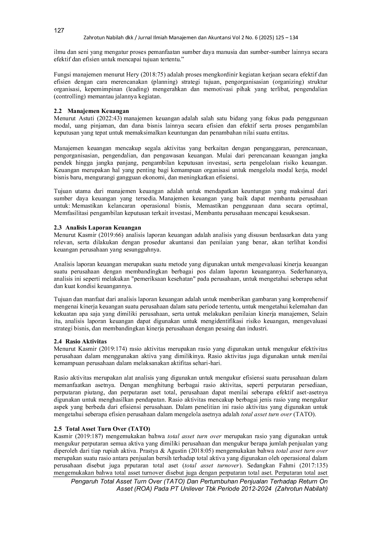 JURIS Pengaruh Total Asset Turn Over Tato Dan Pertumbuhan Penjualan Terhadap Return On Asset Roa Pada Pt Unilever Tbk Periode 2012 2024