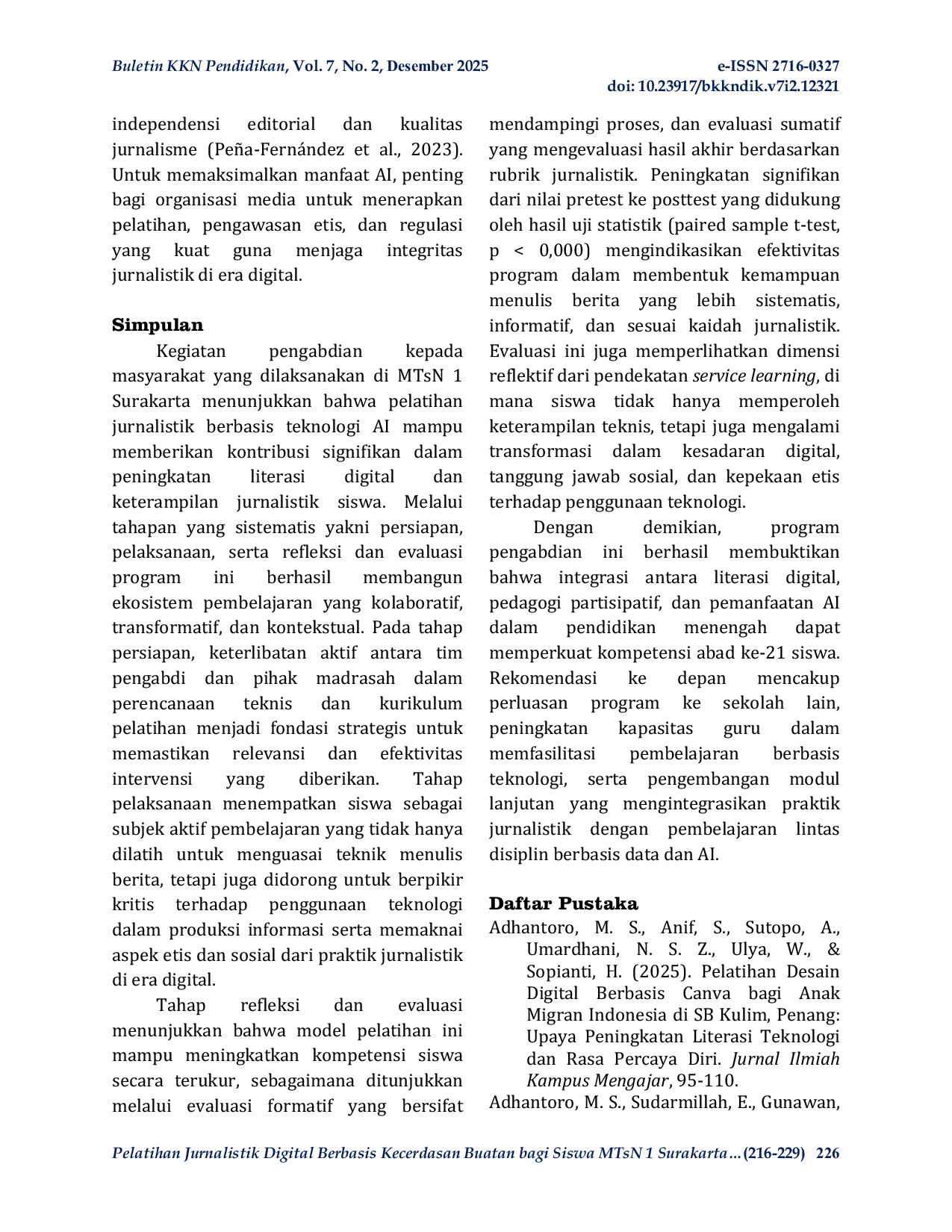 JURIS Pelatihan Jurnalistik Digital Berbasis Kecerdasan Buatan bagi Siswa MTsN 1 Surakarta melalui Pendekatan Service Learning