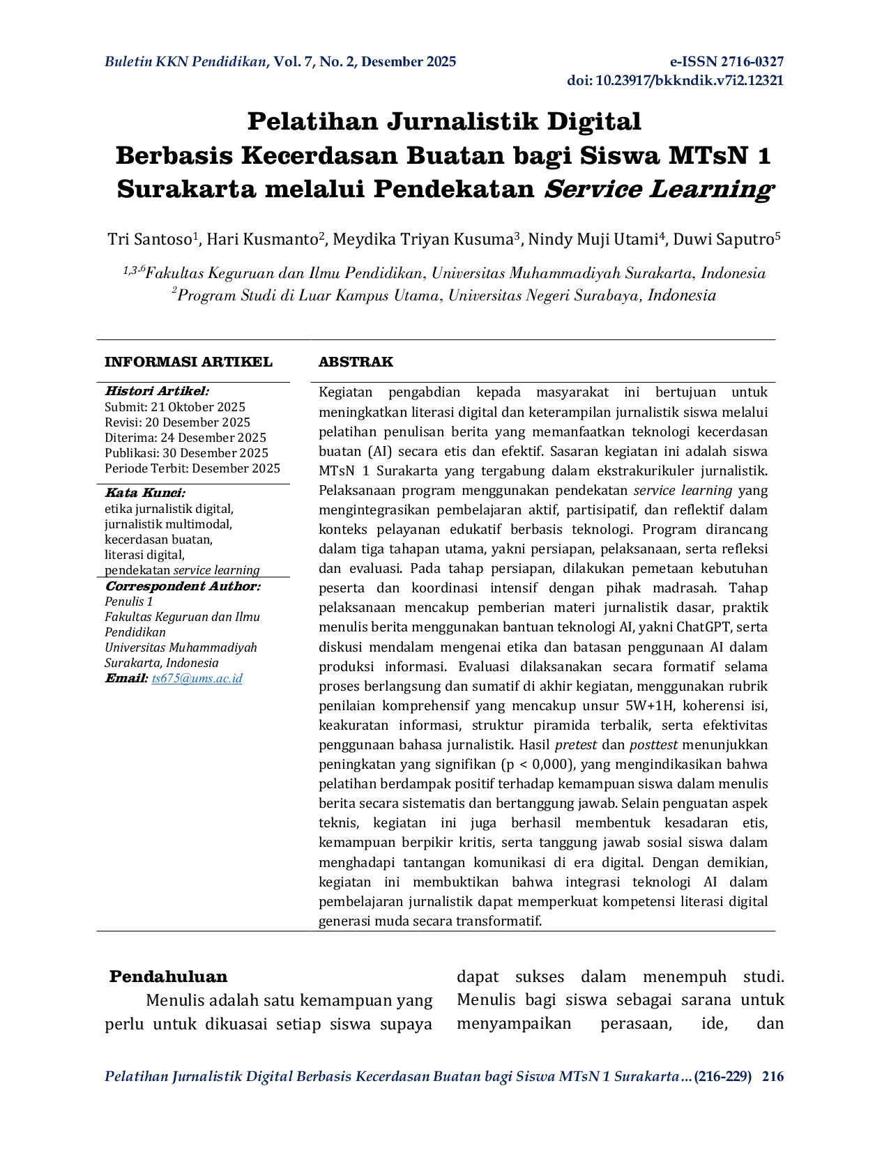 JURIS Pelatihan Jurnalistik Digital Berbasis Kecerdasan Buatan bagi Siswa MTsN 1 Surakarta melalui Pendekatan Service Learning
