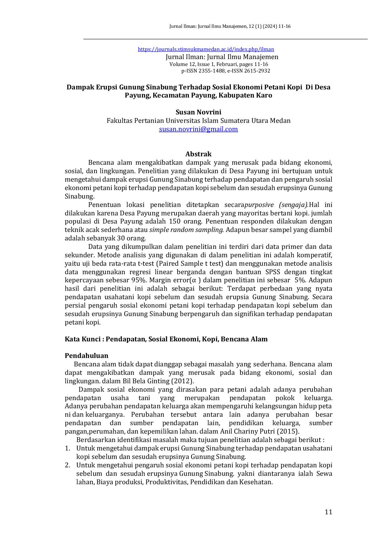 JURIS Dampak Erupsi Gunung Sinabung Terhadap Sosial Ekonomi Petani Kopi Di Desa Payung Kecamatan Payung Kabupaten Karo