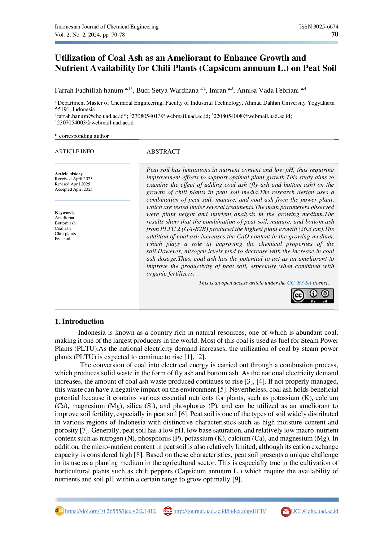 JURIS Utilization of Coal Ash as an Ameliorant to Enhance Growth and Nutrient Availability for Chili Plants Capsicum annuum L on Peat Soil