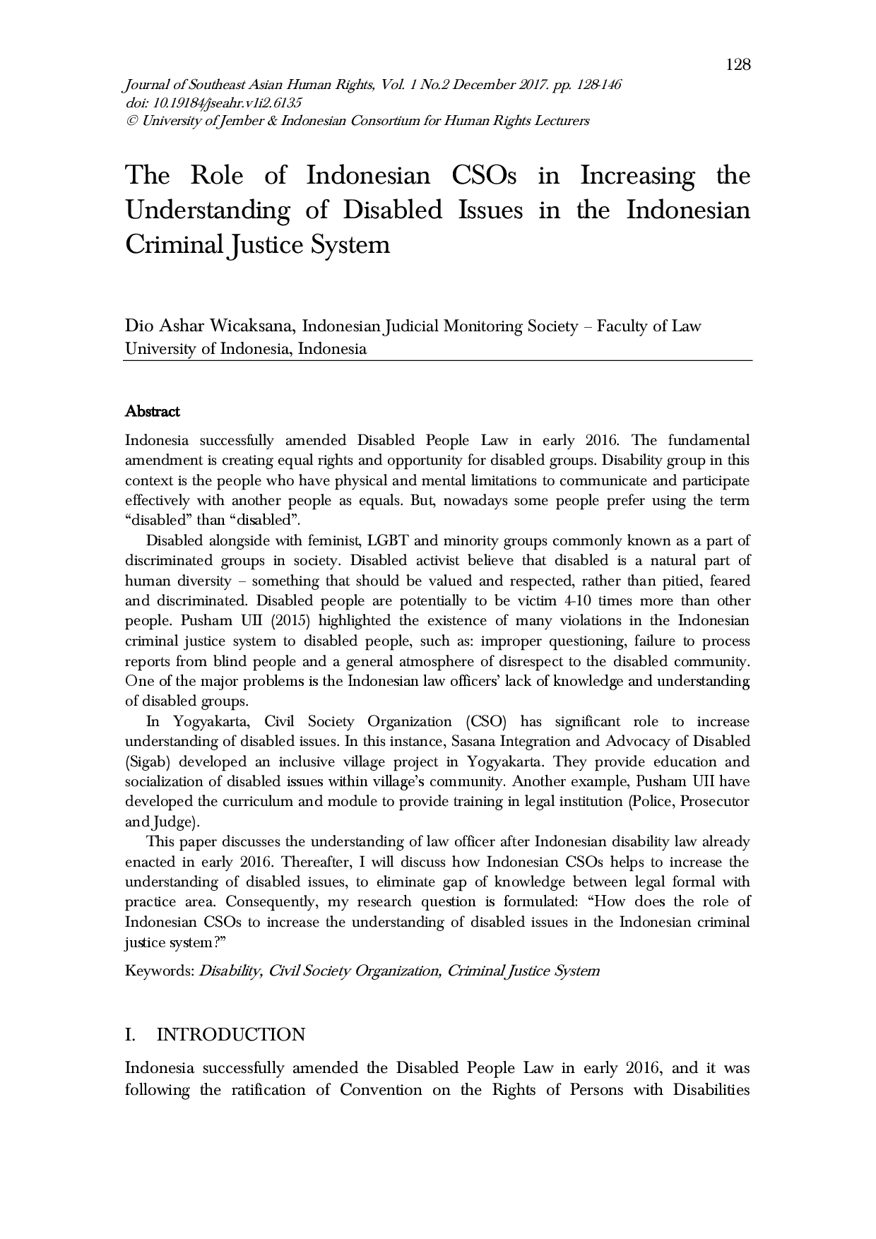 juris The Role of Indonesian CSOs in Increasing the Understanding of Disabled Issues in the Indonesian Criminal Justice System