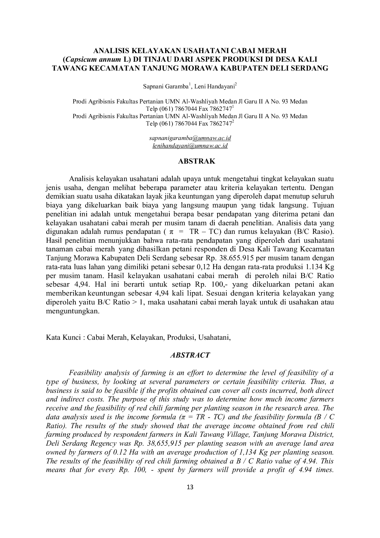 JURIS Analisis Kelayakan Usahatani Cabai Merah Capsicum annum L di Tinjau dari Aspek Produksi di Desa Kali Tawang Kecamatan Tanjung Morawa Kabupaten Deli Serdang