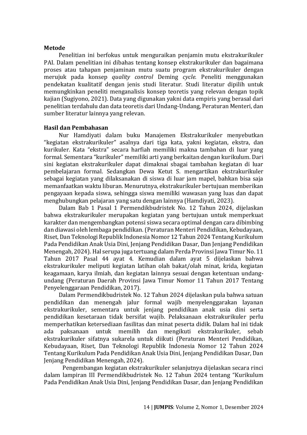 JURIS Penjaminan Mutu Kegiatan Ekstrakurikuler Pendidikan Agama Islam