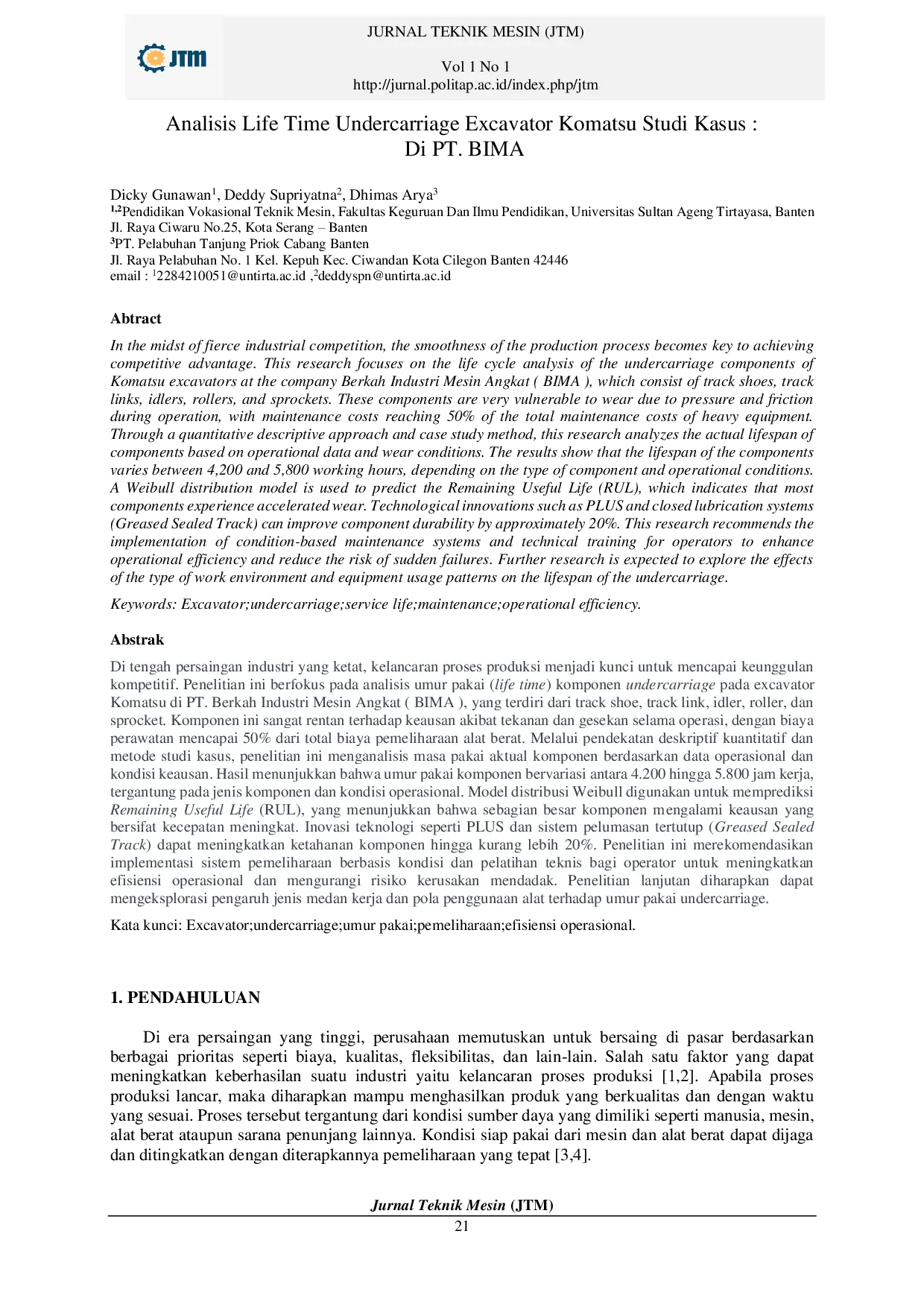 JURIS Analisis Life Time Undercarriage Excavator Komatsu Studi Kasus Di PT BIMA