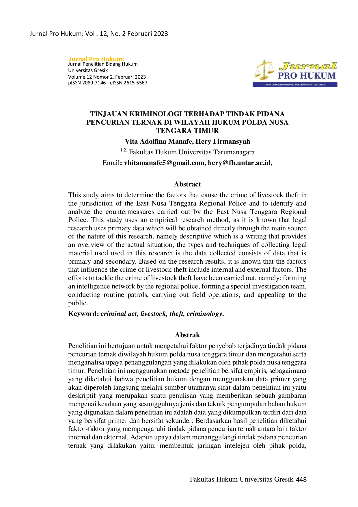 JURIS Tinjauan Kriminologi Terhadap Tindak Pidana Pencurian Ternak Di Wilayah Hukum Polda Nusa Tengara Timur