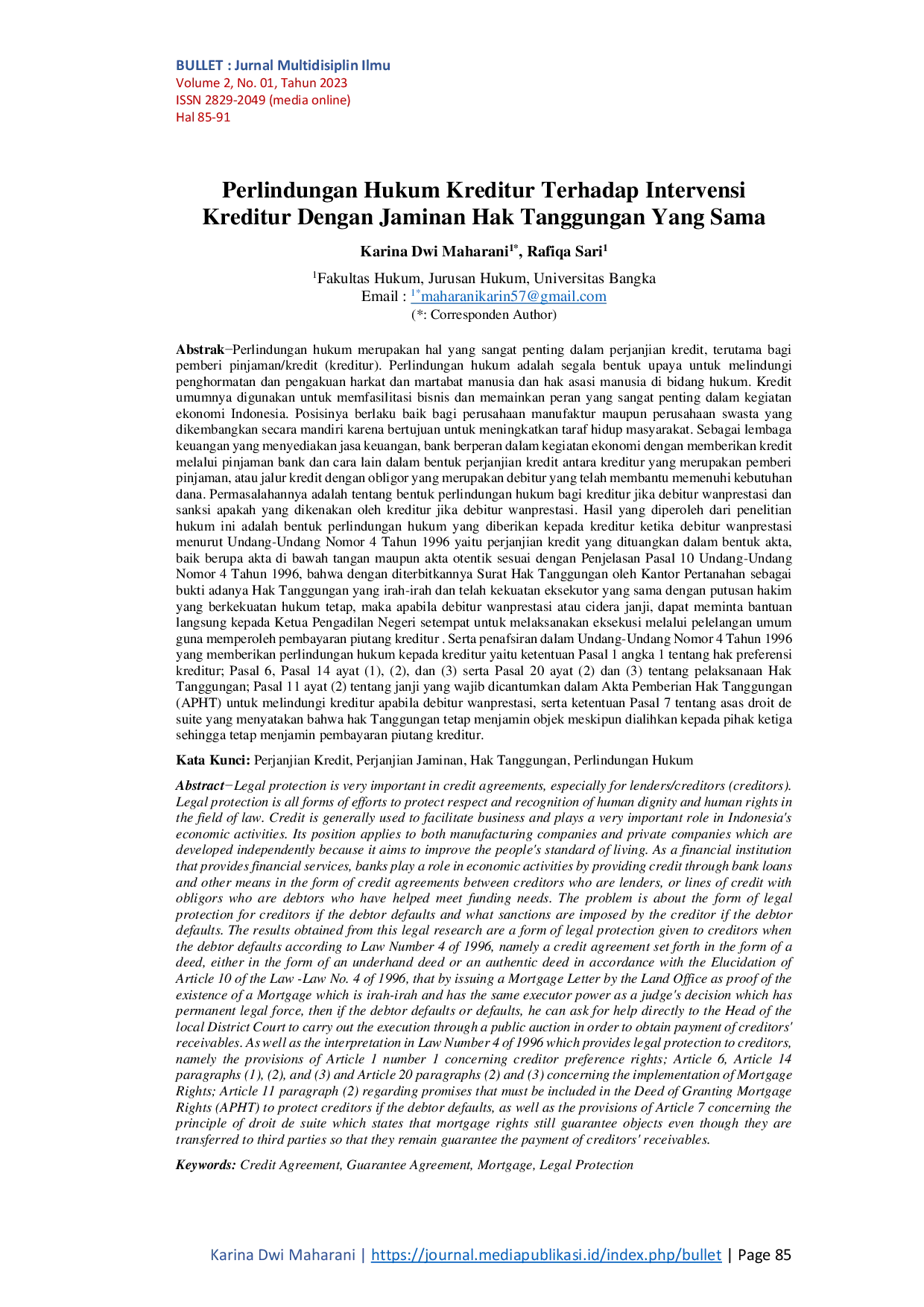 JURIS Perlindungan Hukum Kreditur Terhadap Intervensi Kreditur Dengan Jaminan Hak Tanggungan Yang Sama
