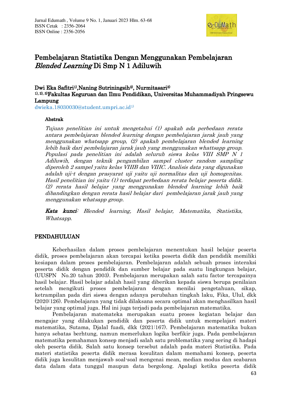 JURIS Pembelajaran Statistika Dengan Menggunakan Pembelajaran Blended Learning Di Smp N 1 Adiluwih