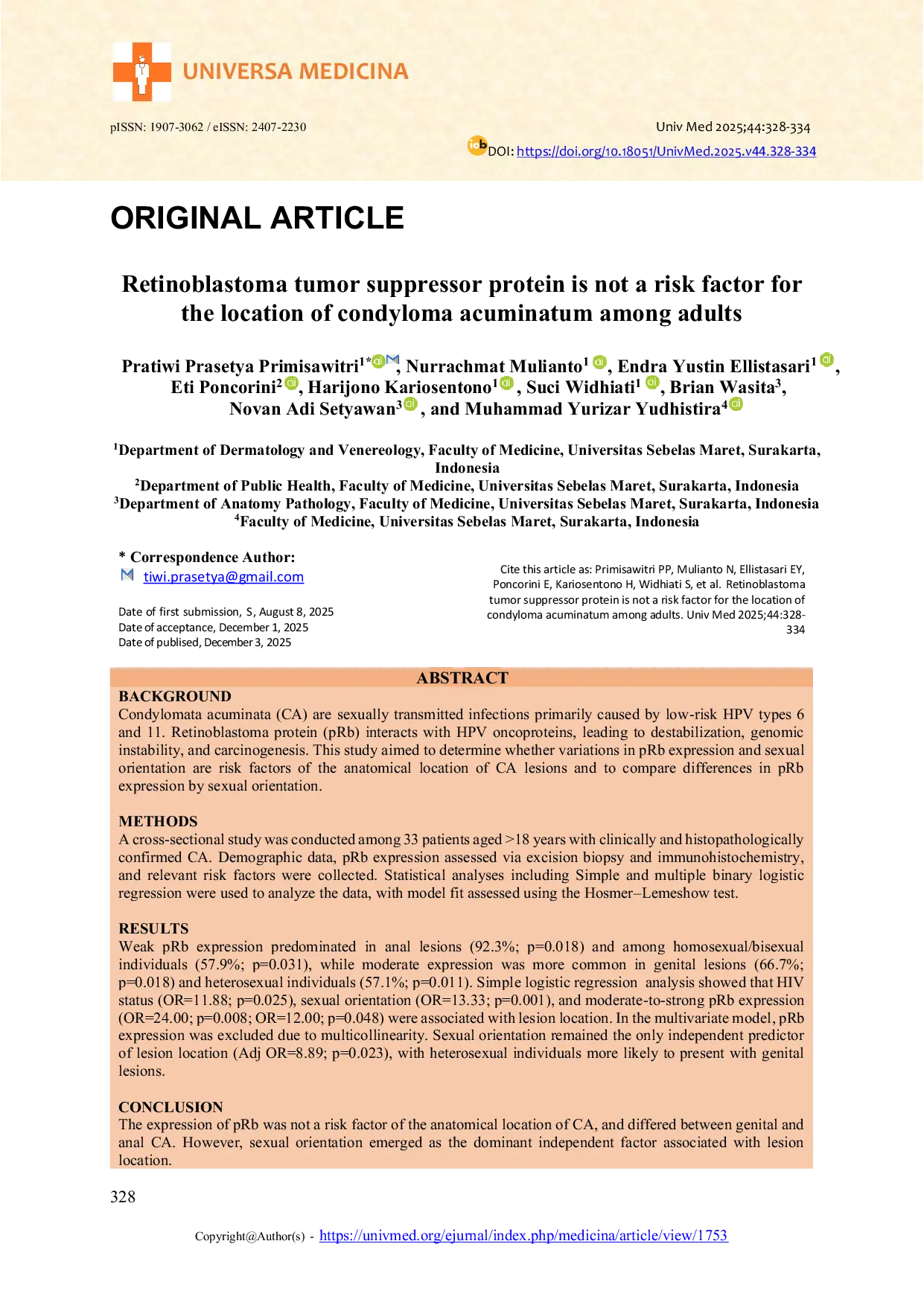 JURIS Retinoblastoma tumor suppressor protein is not a risk factor for the location of condyloma acuminatum among adults