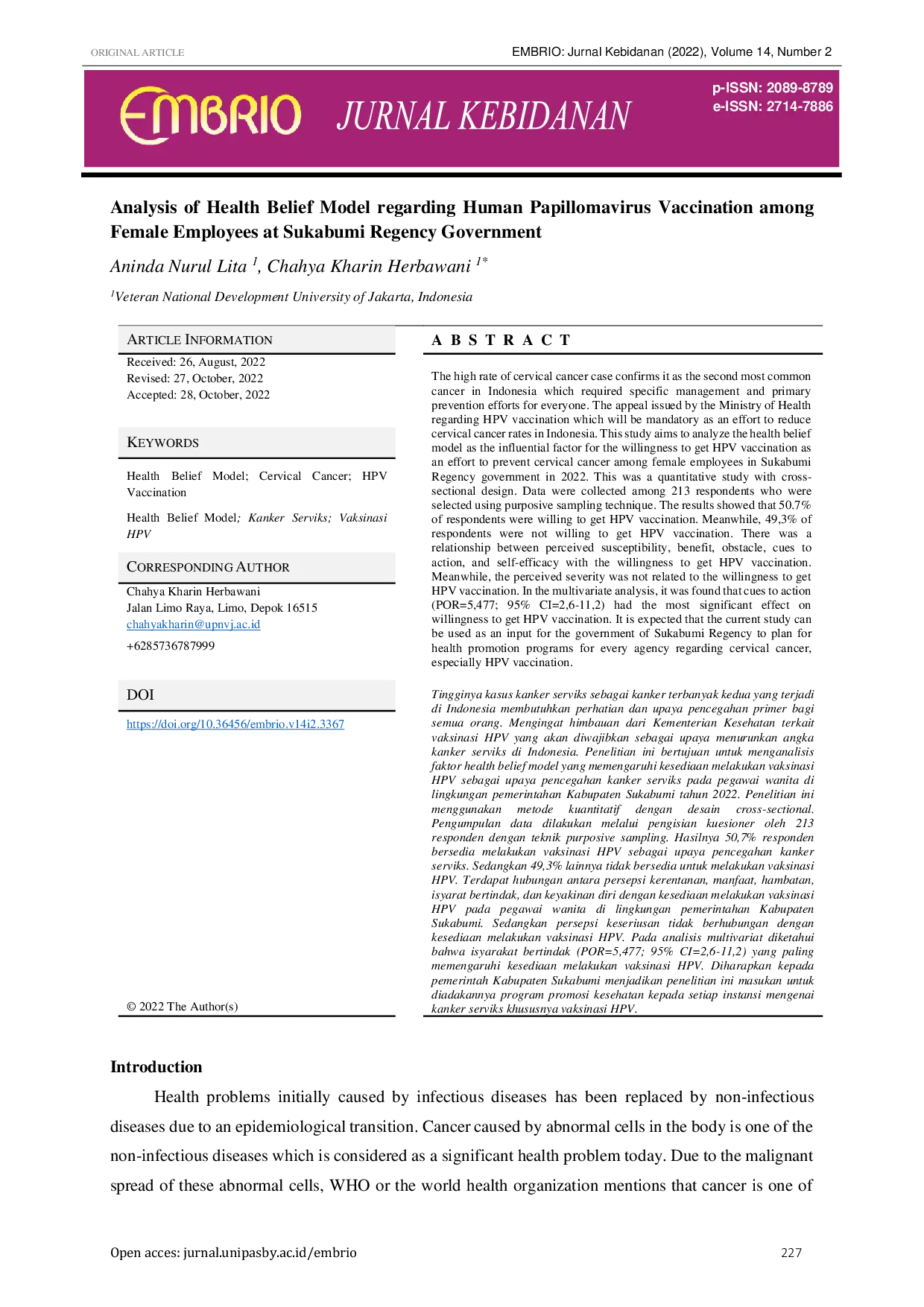 JURIS Analisis Health Belief Model Terhadap Kesiapan Melakukan Vaksinasi Human Papillomavirus pada Pegawai Wanita di Lingkungan Pemerintah Kabupaten Sukabumi