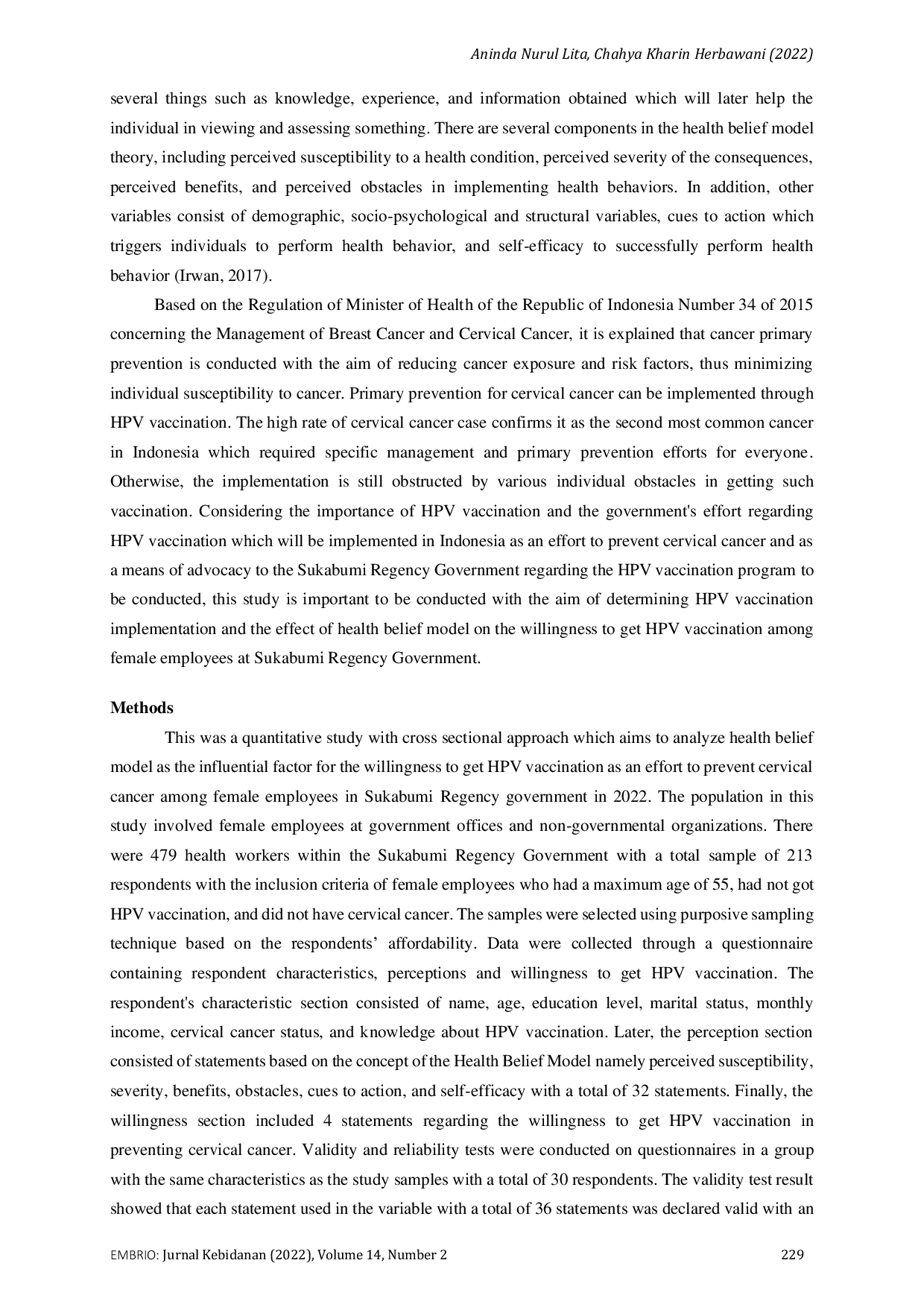 JURIS Analisis Health Belief Model Terhadap Kesiapan Melakukan Vaksinasi Human Papillomavirus pada Pegawai Wanita di Lingkungan Pemerintah Kabupaten Sukabumi