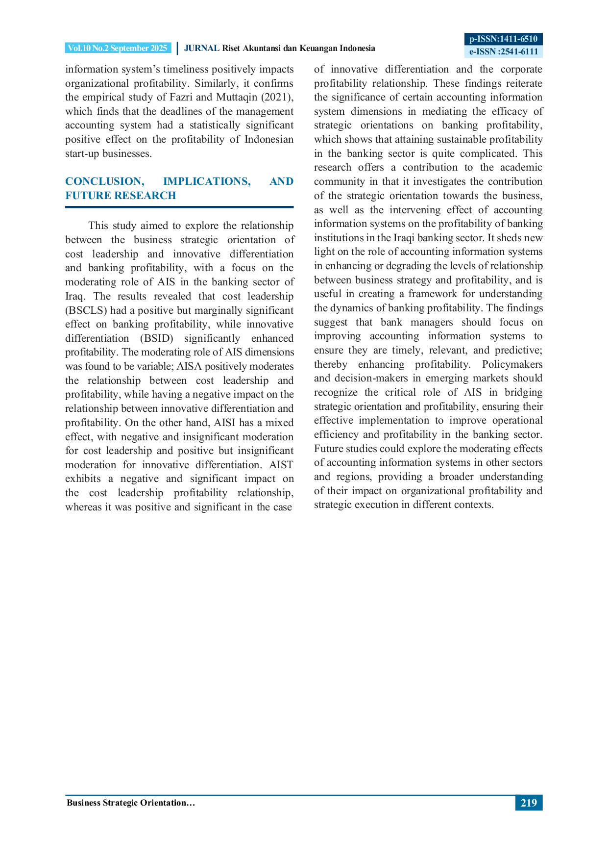 JURIS Business Strategic Orientation and Banking Profitability The Moderating Effect of Accounting Information Systems