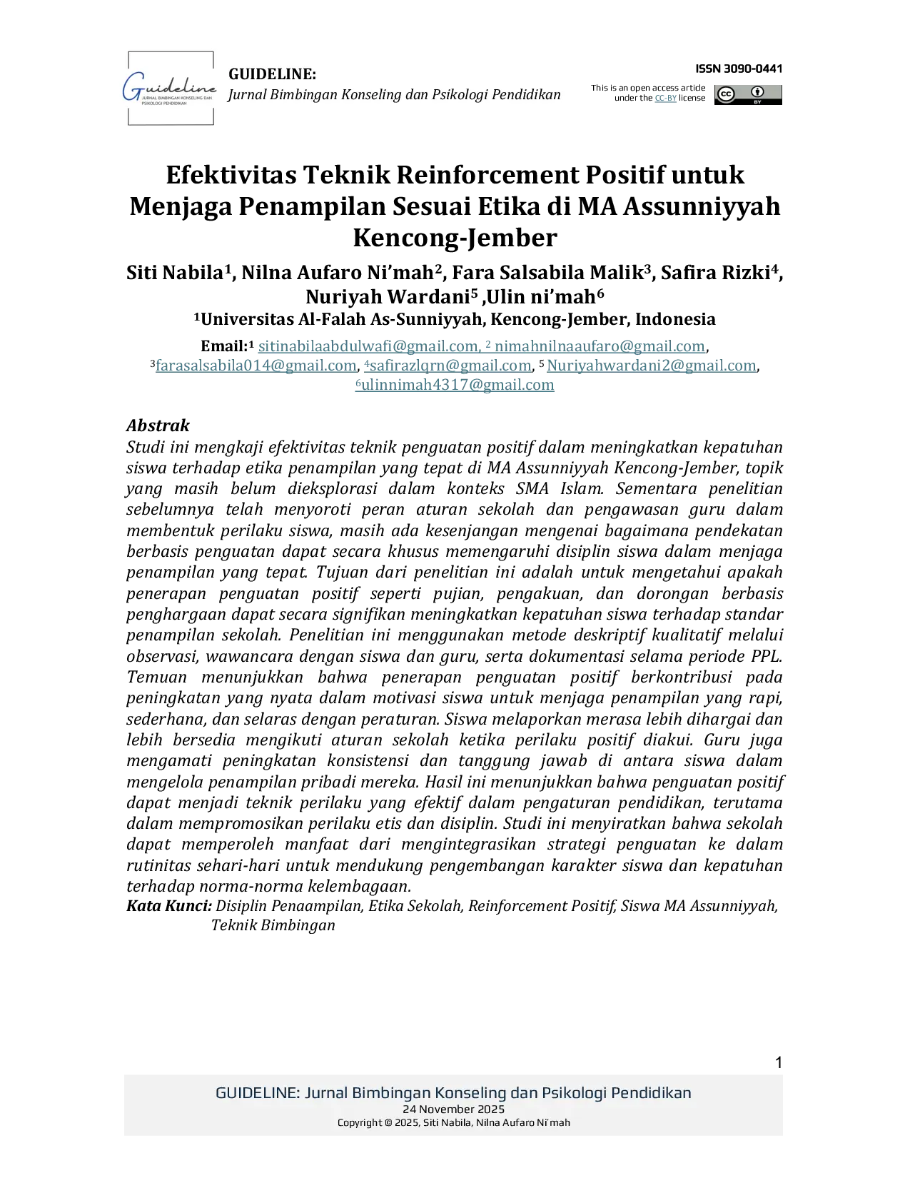 JURIS Efektivitas Teknik Reinforcement Positif untuk Menjaga Penampilan Sesuai Etika di MA Assunniyyah Kencong Jember
