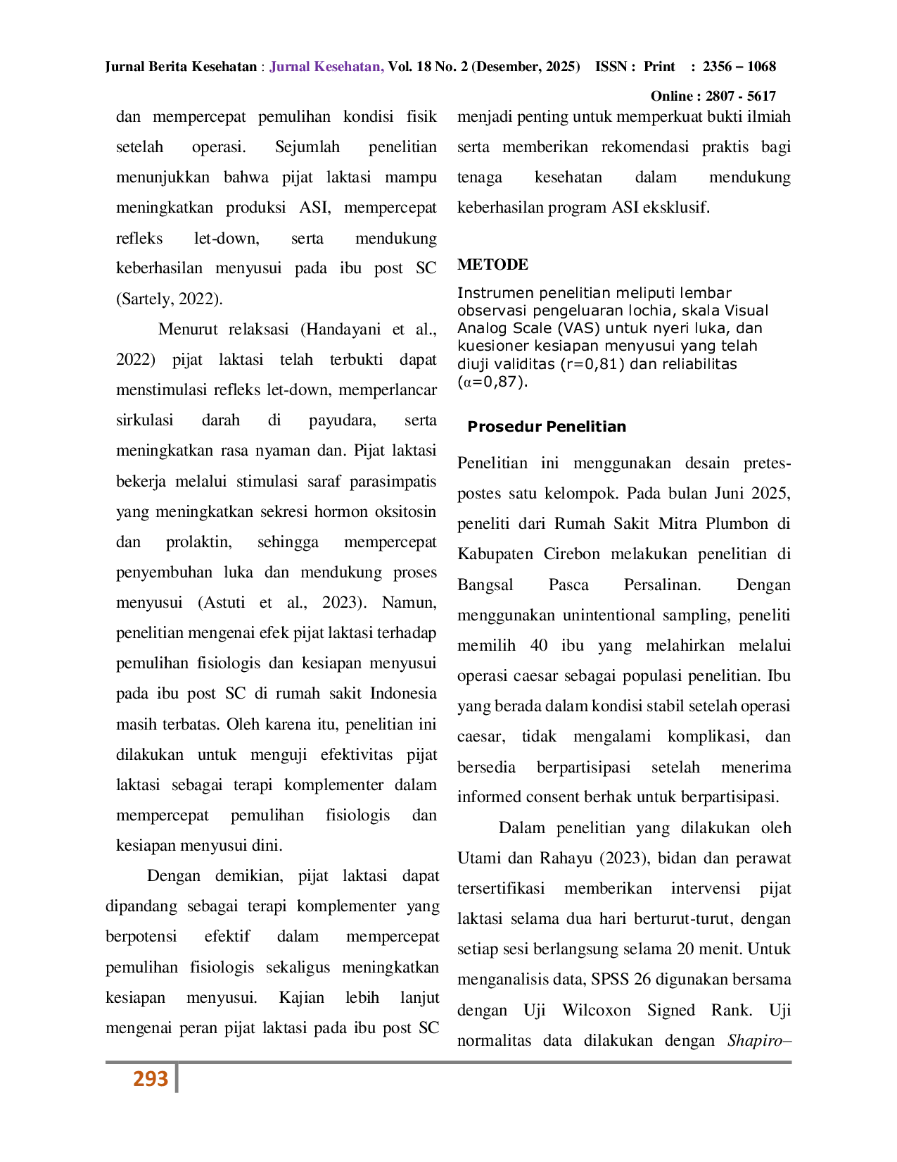JURIS Pijat Laktasi untuk Meningkatkan Pemulihan Fisiologis dan Kesiapan Menyusui pada Ibu Post Sectio Caesarea Studi Pra Eksperimental