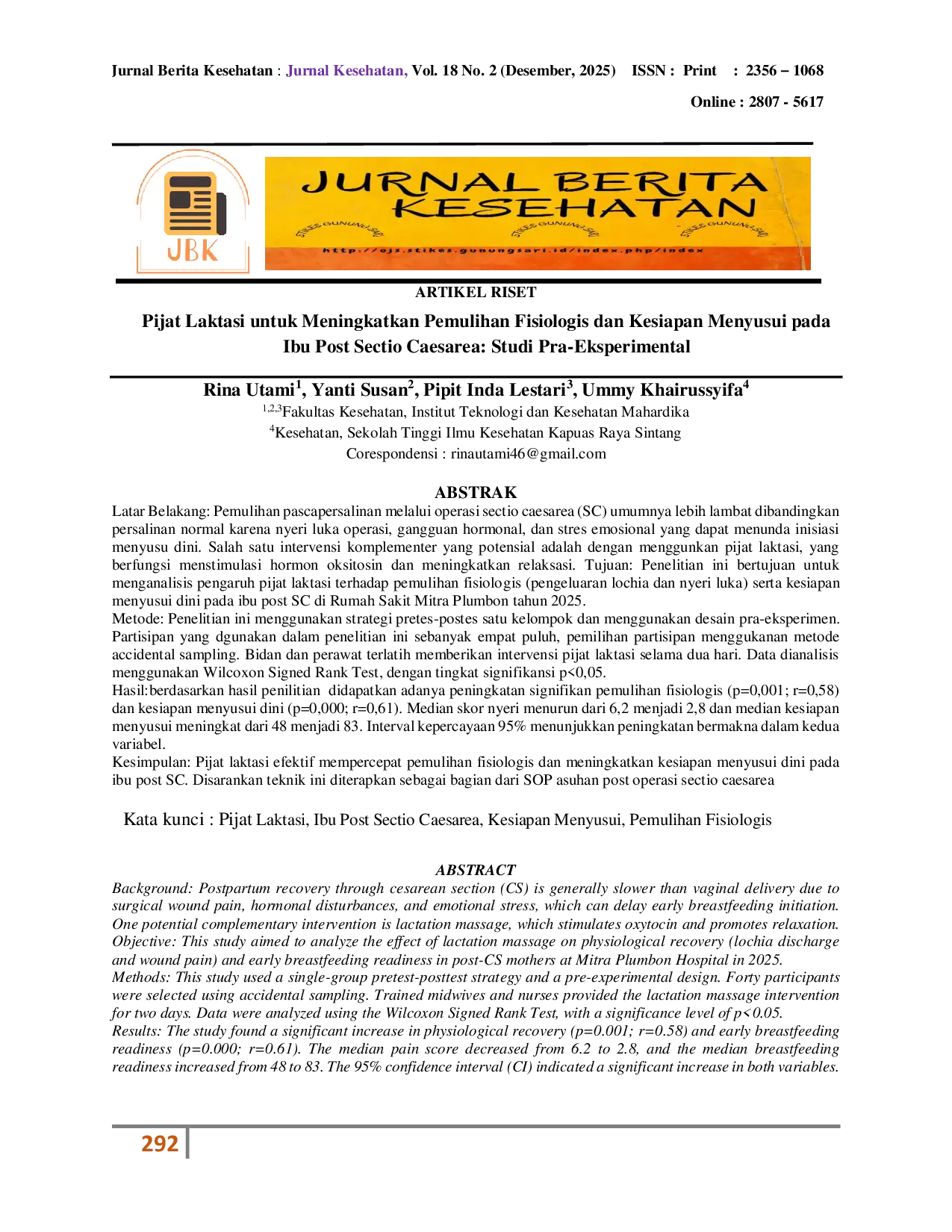 JURIS Pijat Laktasi untuk Meningkatkan Pemulihan Fisiologis dan Kesiapan Menyusui pada Ibu Post Sectio Caesarea Studi Pra Eksperimental