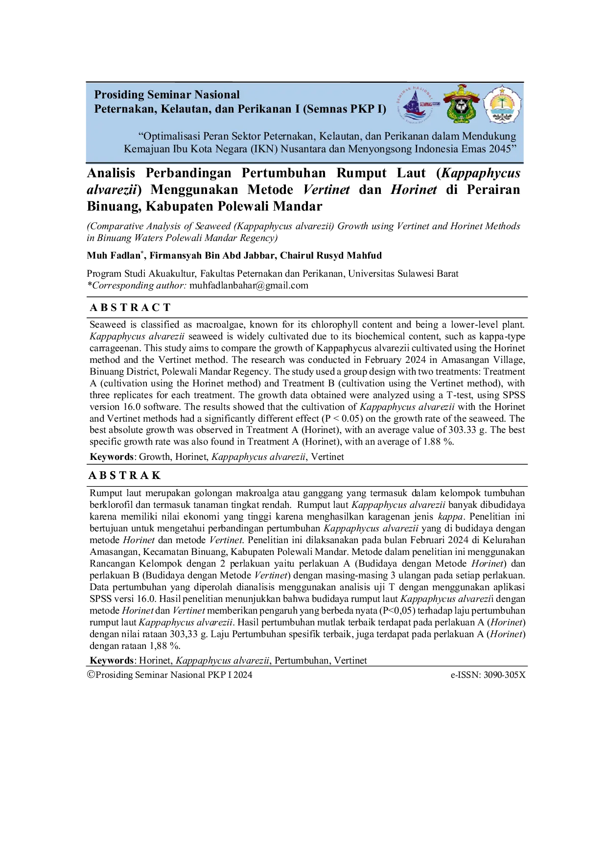 JURIS Analisis Perbandingan Pertumbuhan Rumput Laut Kappaphycus alvarezii Menggunakan Metode Vertinet dan Horinet di Perairan Binuang Kabupaten Polewali Mandar