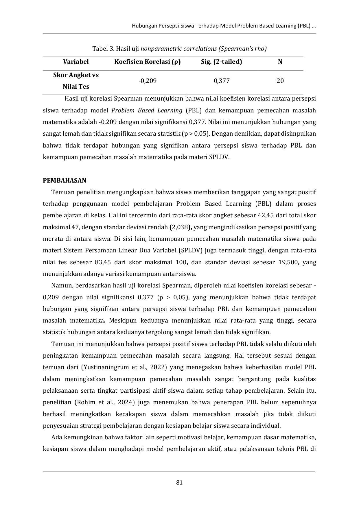 JURIS Hubungan Persepsi Siswa Terhadap Model Problem Based Learning PBL dengan Kemampuan Pemecahan Masalah Matematika di SMA pada Materi SPLDV