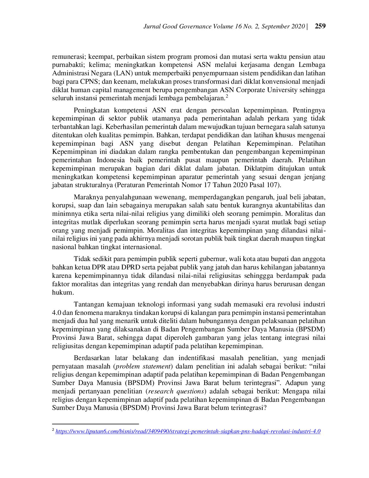 JURIS Integrasi Nilai Religiusitas Dengan Kepemimpinan Adaptif Pada Pelatihan Kepemimpinan Di Badan Pengembangan Sumber Daya Manusia Provinsi Jawa Barat