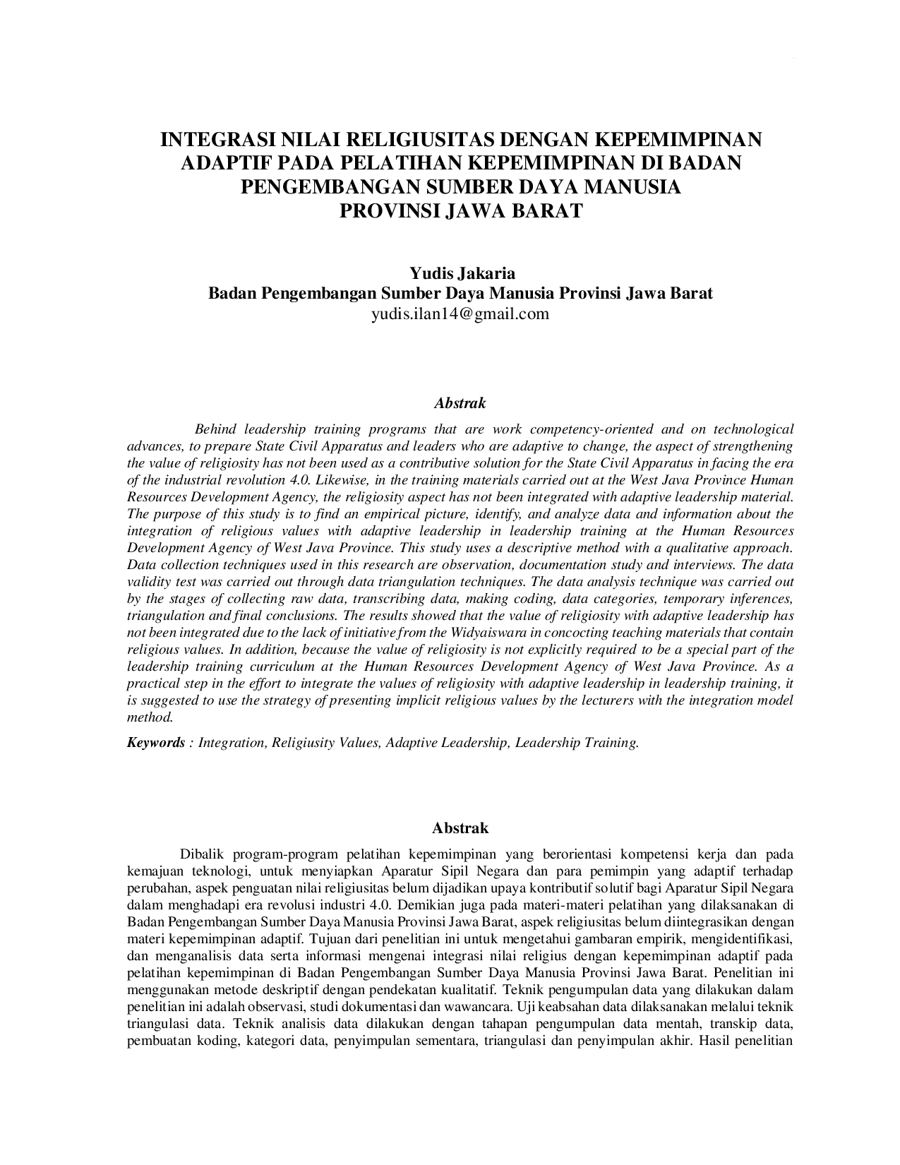 JURIS Integrasi Nilai Religiusitas Dengan Kepemimpinan Adaptif Pada Pelatihan Kepemimpinan Di Badan Pengembangan Sumber Daya Manusia Provinsi Jawa Barat