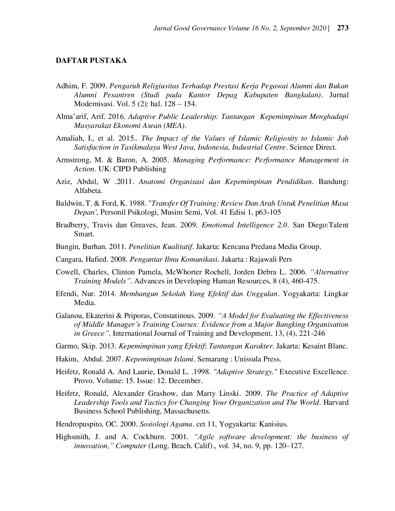 JURIS Integrasi Nilai Religiusitas Dengan Kepemimpinan Adaptif Pada Pelatihan Kepemimpinan Di Badan Pengembangan Sumber Daya Manusia Provinsi Jawa Barat