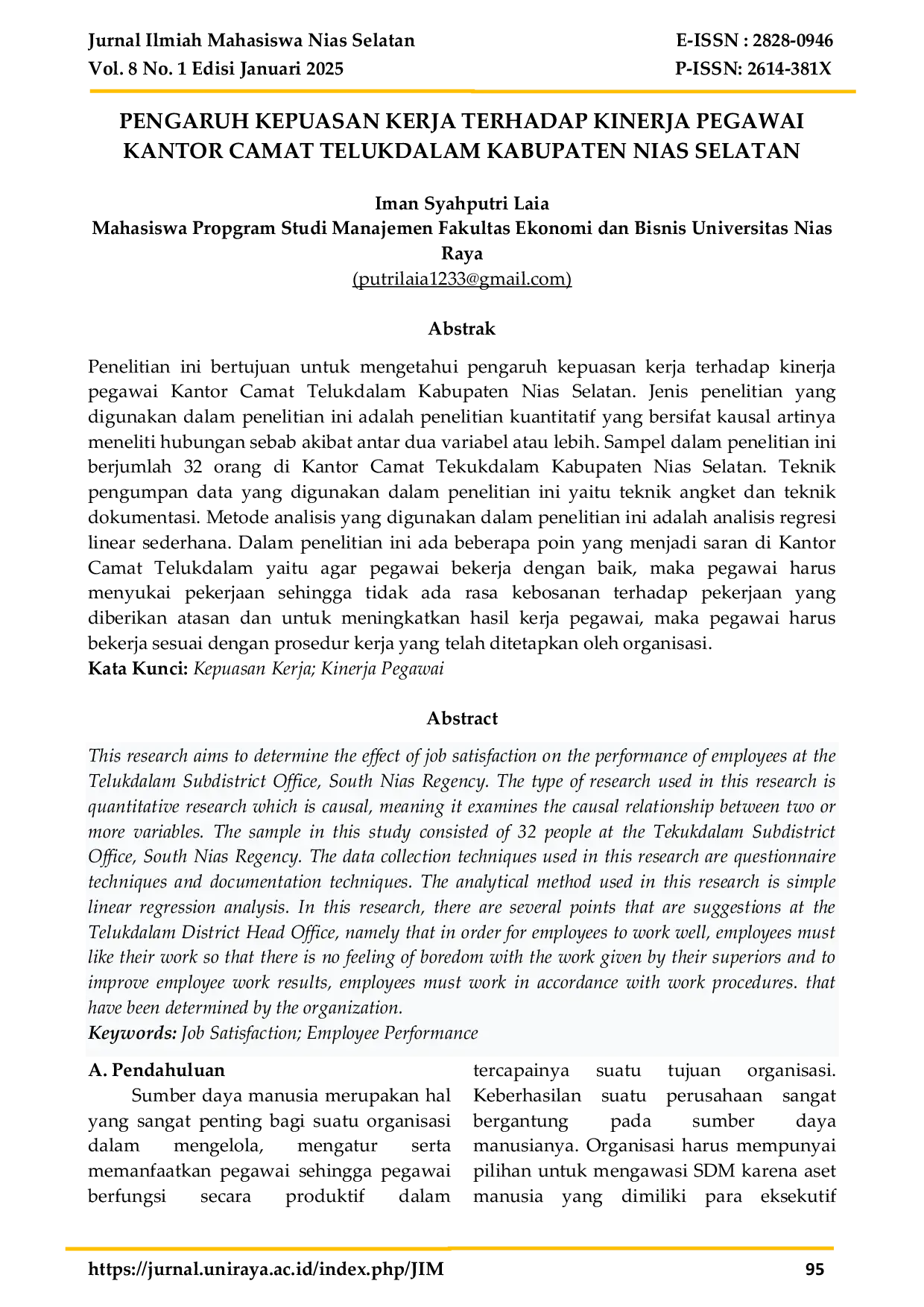 JURIS Pengaruh Kepuasan Kerja Terhadap Kinerja Pegawai Kantor Camat Telukdalam Kabupaten Nias Selatan