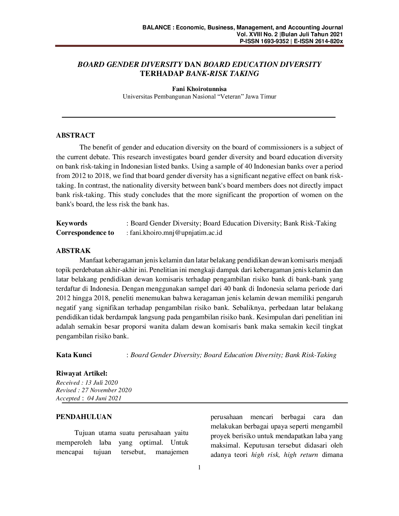 JURIS Board Gender Diversity Dan Board Education Diversity terhadap Bank Risk Taking