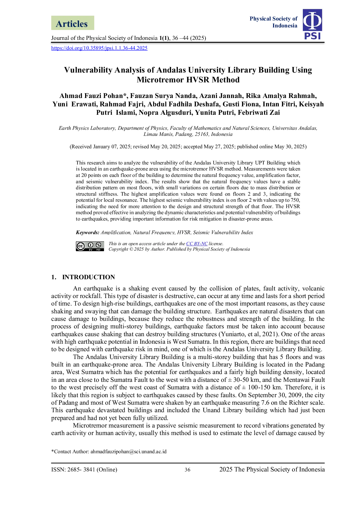 JURIS Vulnerability Analysis of Andalas University Library Building Using Microtremor HVSR Method