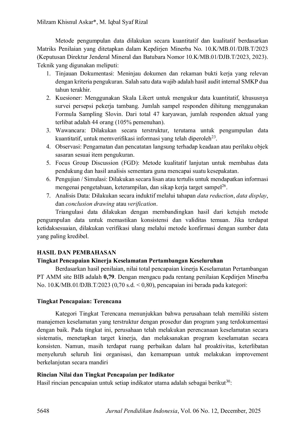 JURIS Analisis Kinerja Keselamatan Pertambangan di PT AMM Site BIB Berdasarkan Kepdirjen Minerba No 10 K MB 01 DJB T 2023
