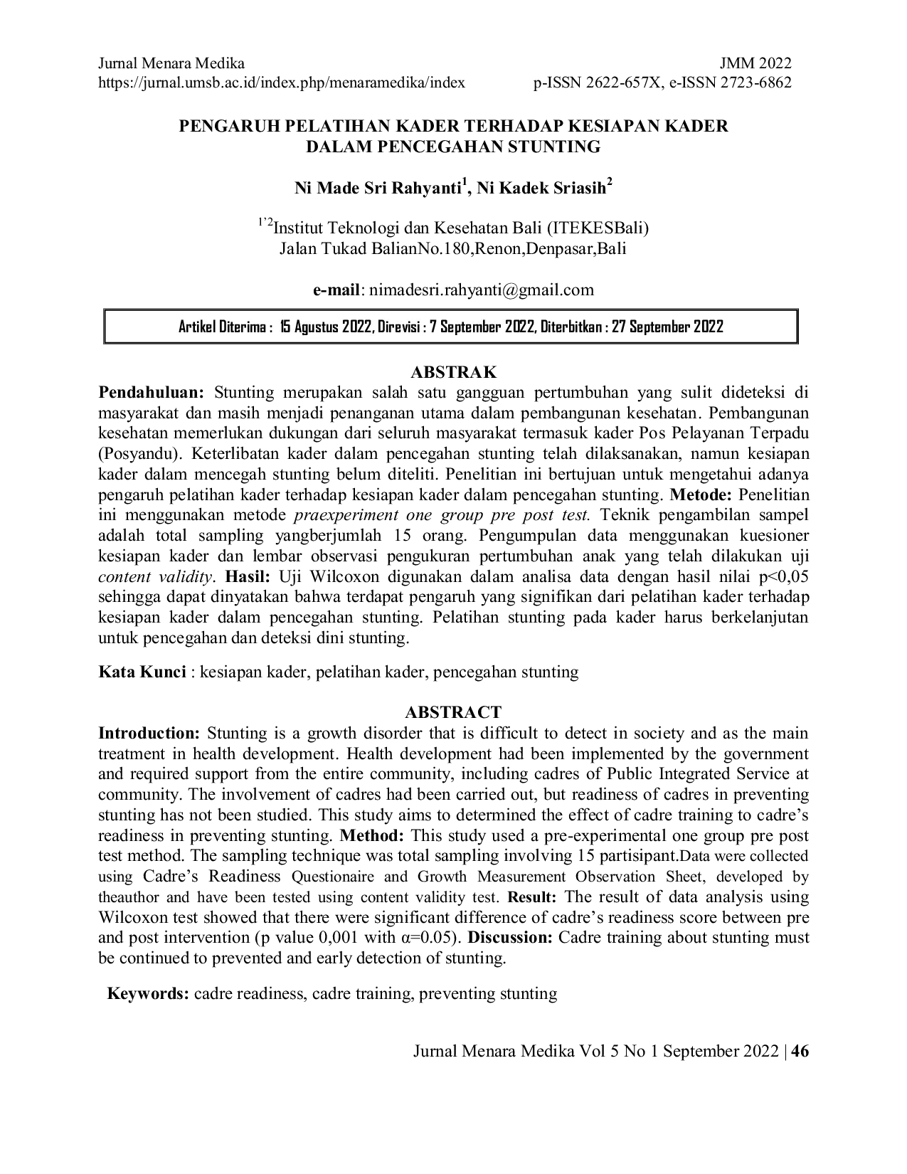 JURIS Pengaruh Pelatihan Kader Terhadap Kesiapan Kader Dalam Pencegahan Stunting