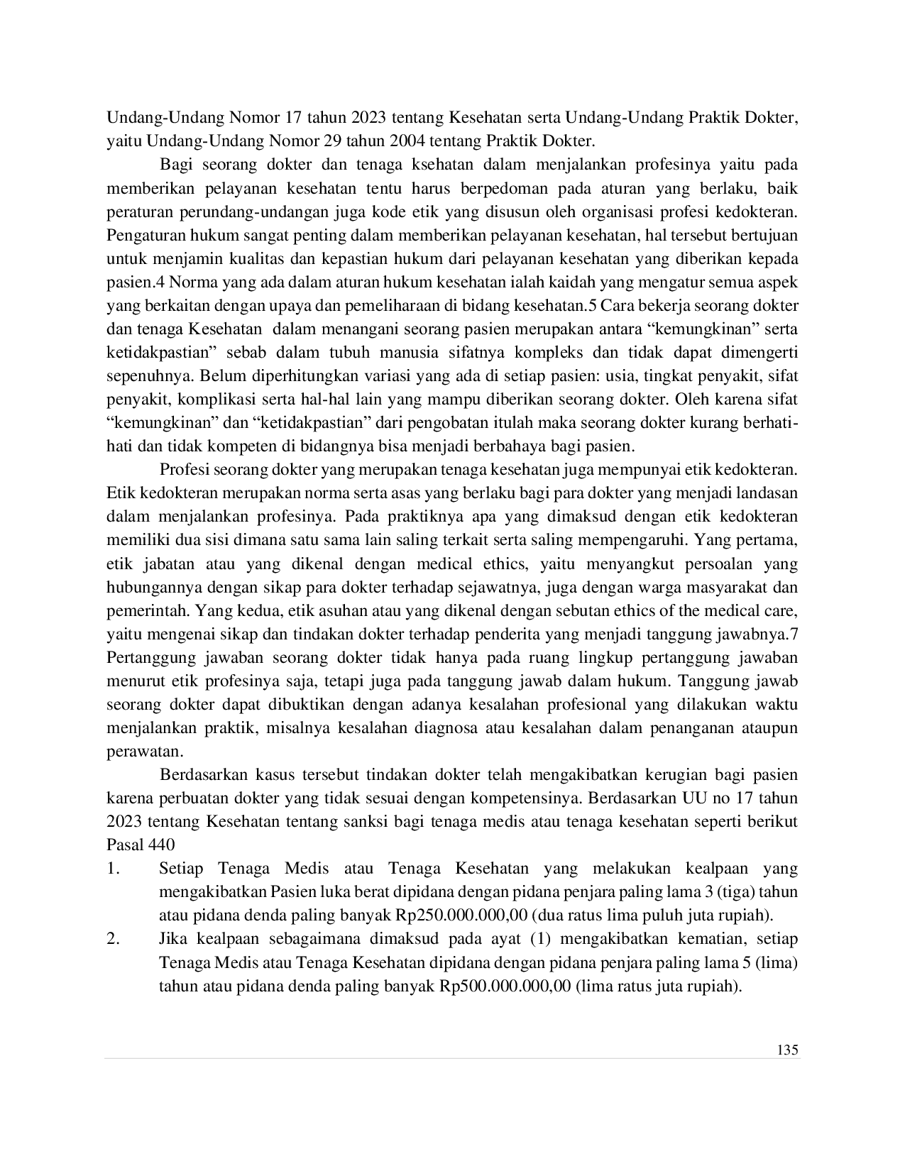 JURIS Tanggung Jawab Pidana Tenaga Medis Atau Tenaga Kesehatan Menurut Pasal 440 Undang Undang Nomor 17 Tahun 2023 Tentang Kesehatan