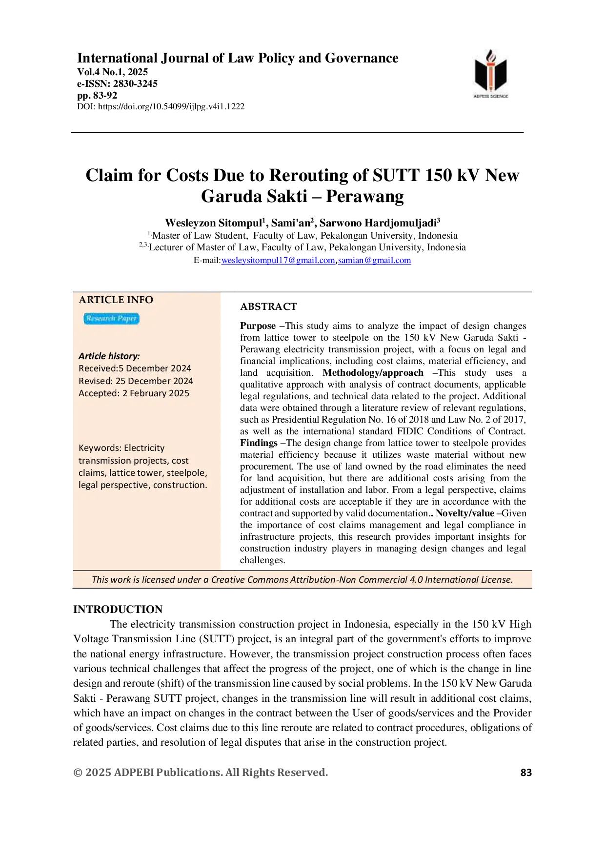 JURIS Claim for Costs Due to Rerouting of SUTT 150 kV New Garuda Sakti Perawang