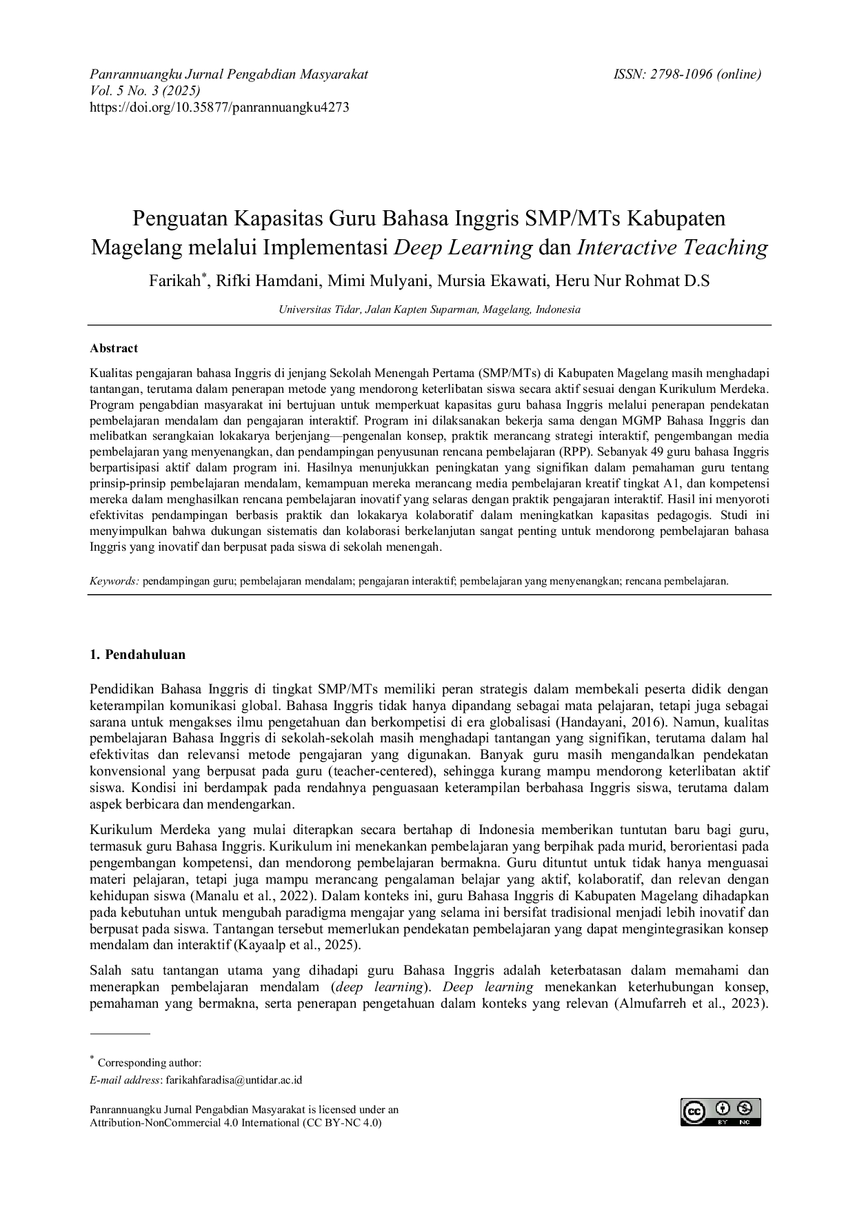 JURIS Penguatan Kapasitas Guru Bahasa Inggris SMP MTs Kabupaten Magelang melalui Implementasi Deep Learning dan Interactive Teaching